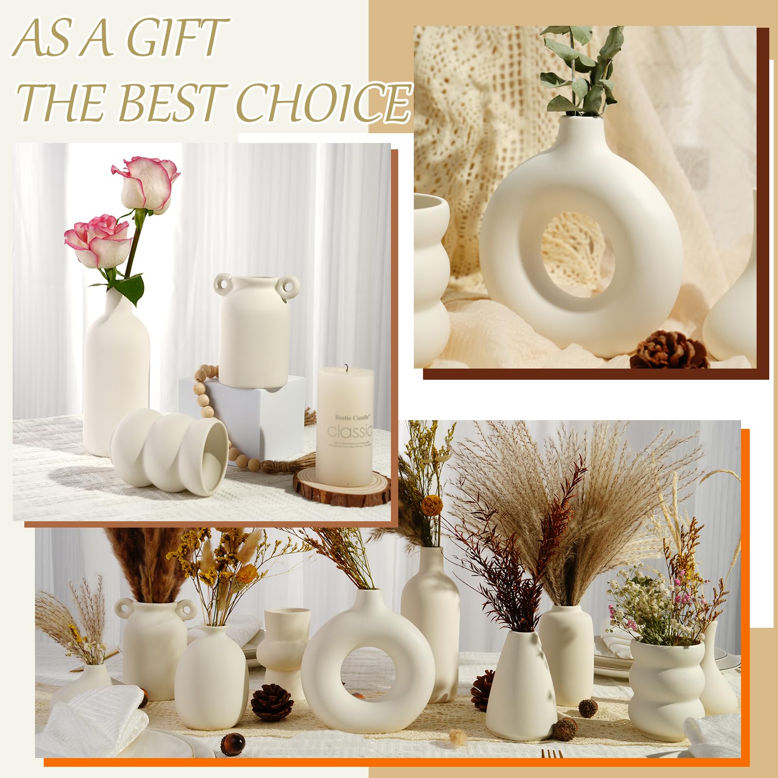 Juego de 10 jarrones pequeños de cerámica blanca a granel, modernos jarrones bohemios para hierba de las pampas, flores, jarrones decorativos de cerámica blanca para decoración del hogar, decoración 7