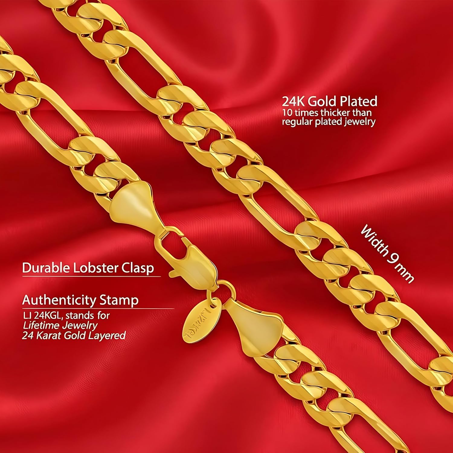 LIFETIME JEWELRY 9mm Figaro Chain Necklace 24k Real Gold Plated - Diamond Cut - Men and Women - Image 8