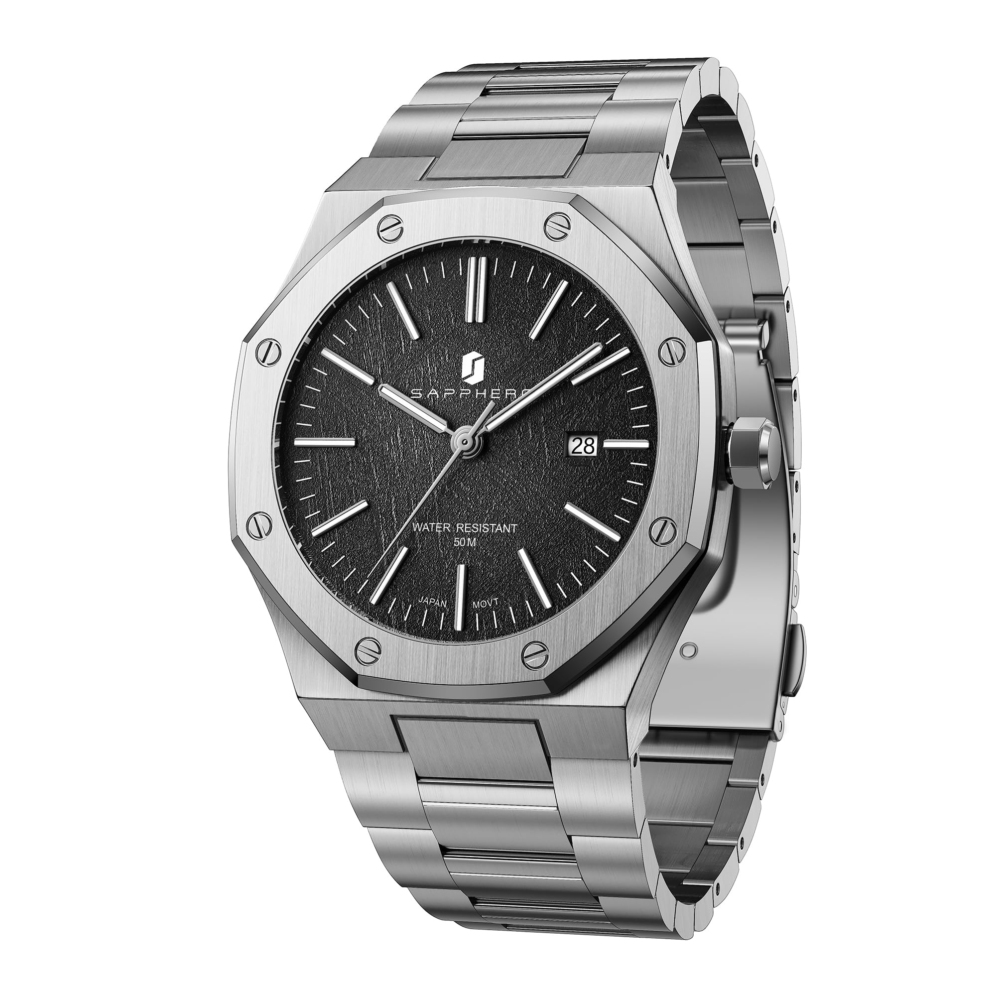 SAPPHERO Uhren Herren Quarzwerk Edelstahl Armband 50M Wasserdicht Datum Kalender Herrenuhren Armbanduhr Geschenke für Männer