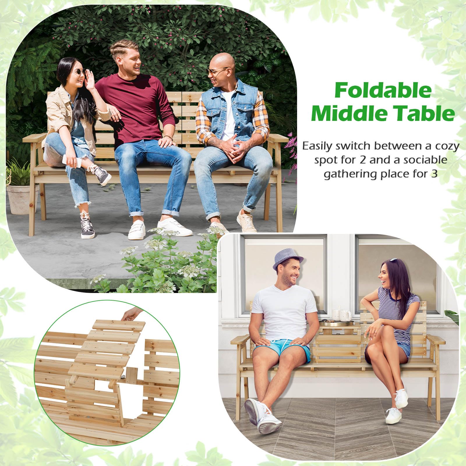 GIANTEX Gartenbank mit Tisch, Massive Holzbank mit klappbarem Mitteltisch, Sitzbank Bank 3 Sitzer, Parkbank ergonomisch mit Rücken- & Armlehnen, Garten Balkonbank Terrassenbank bis 320 kg belastbar