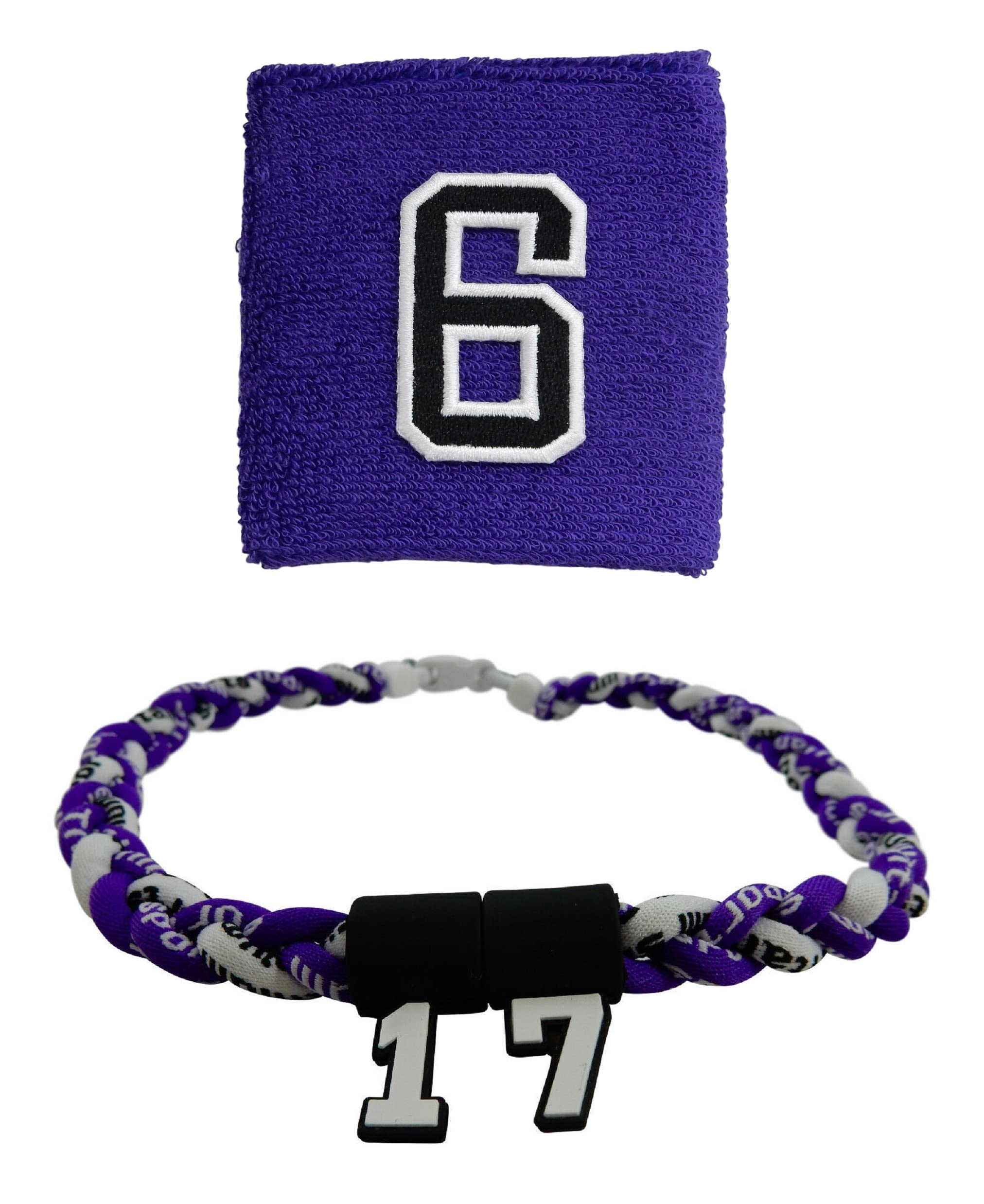 Sports Farm - Customized Sport Wristband and Necklace Combo Set with Jersey Number - Purple (Purple White)