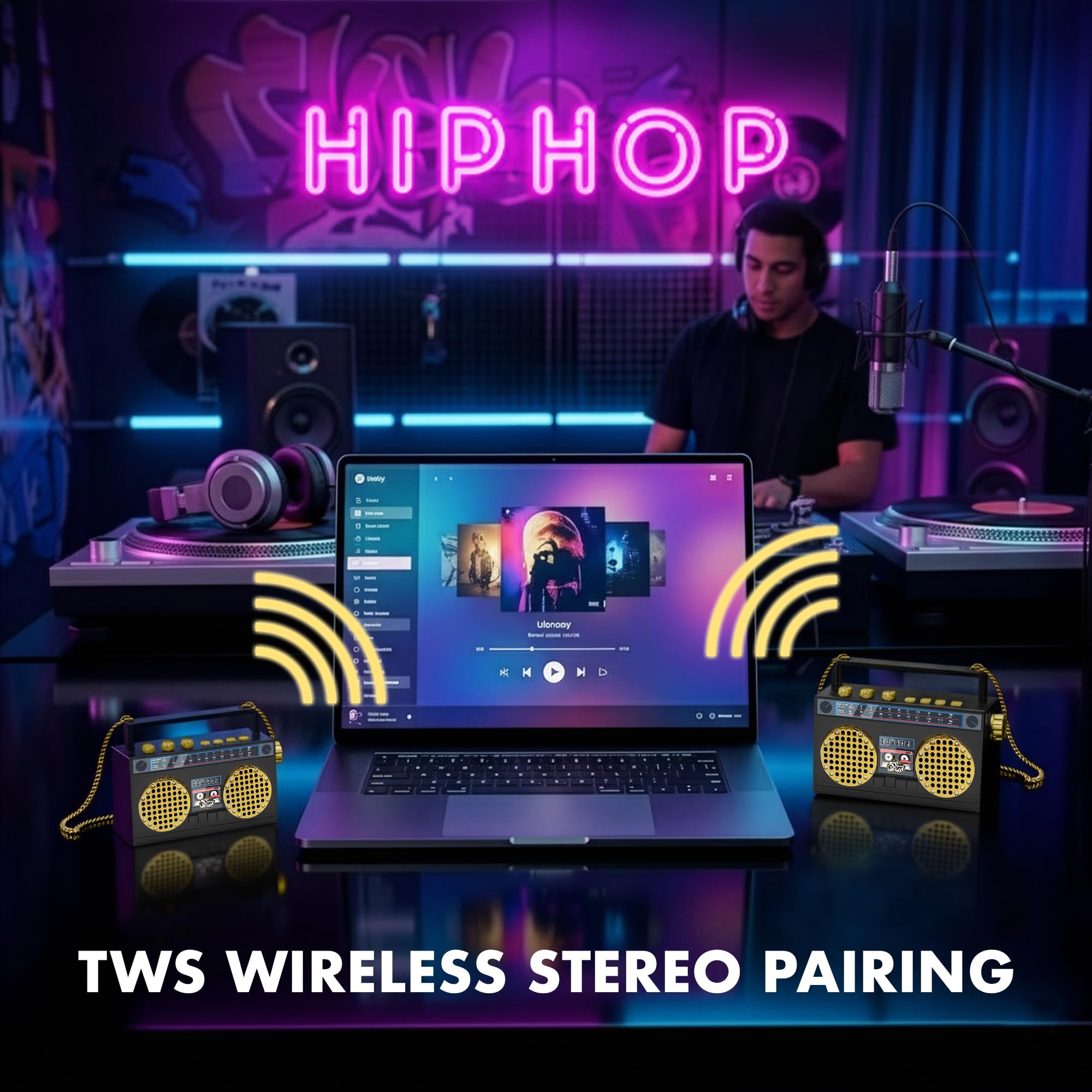 Mini haut-parleur portable sans fil Bluetooth rétro portable Boombox, collier de 68,6 cm, radio FM, boutons intégrés, double micro haut-parleurs 6 W, batterie longue durée