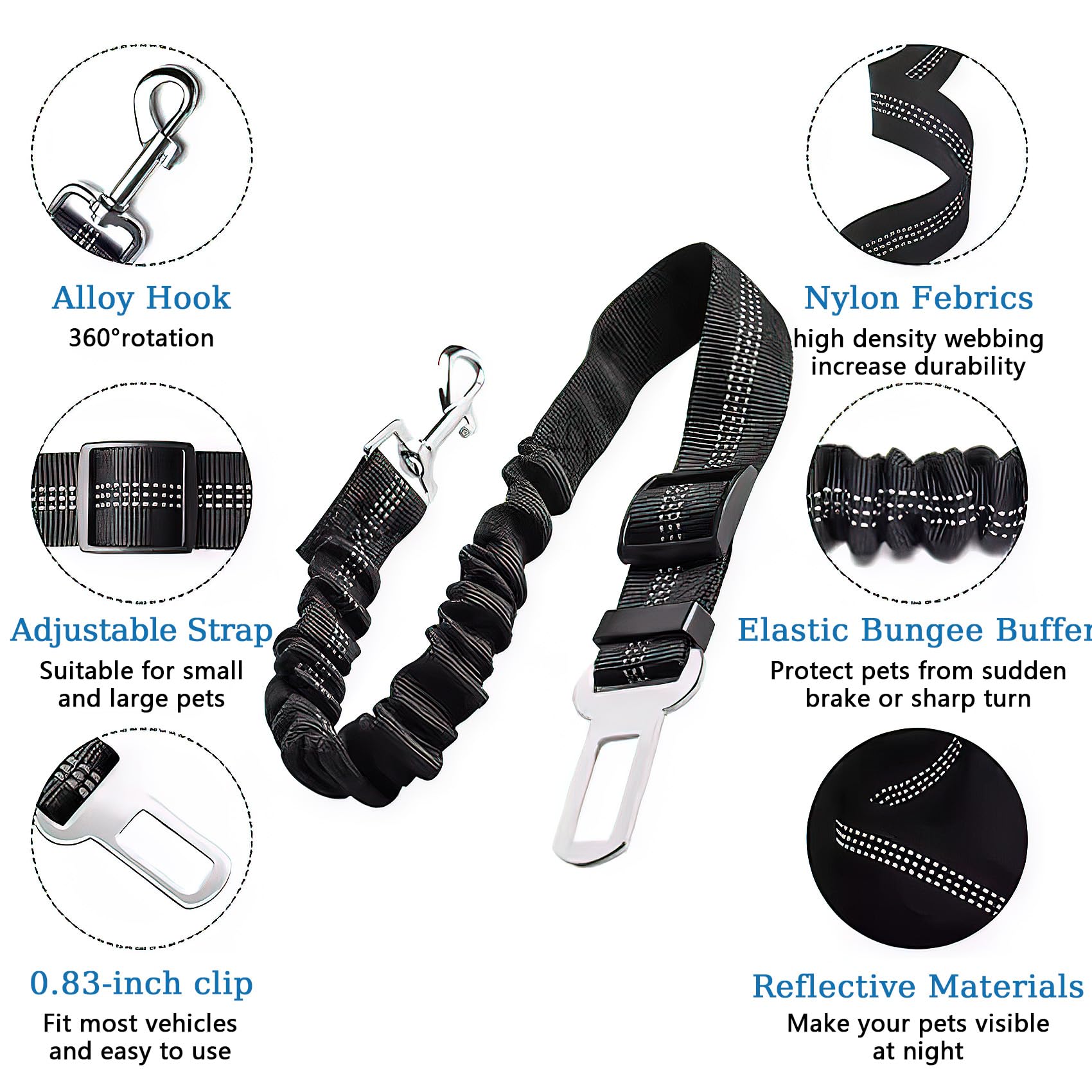 2pcs Ceinture de Sécurité pour Chien,Harnais Universel avec Mousqueton,Absorption des Chocs,Réglable,Noir,pour Tous Les Chiens et Chats