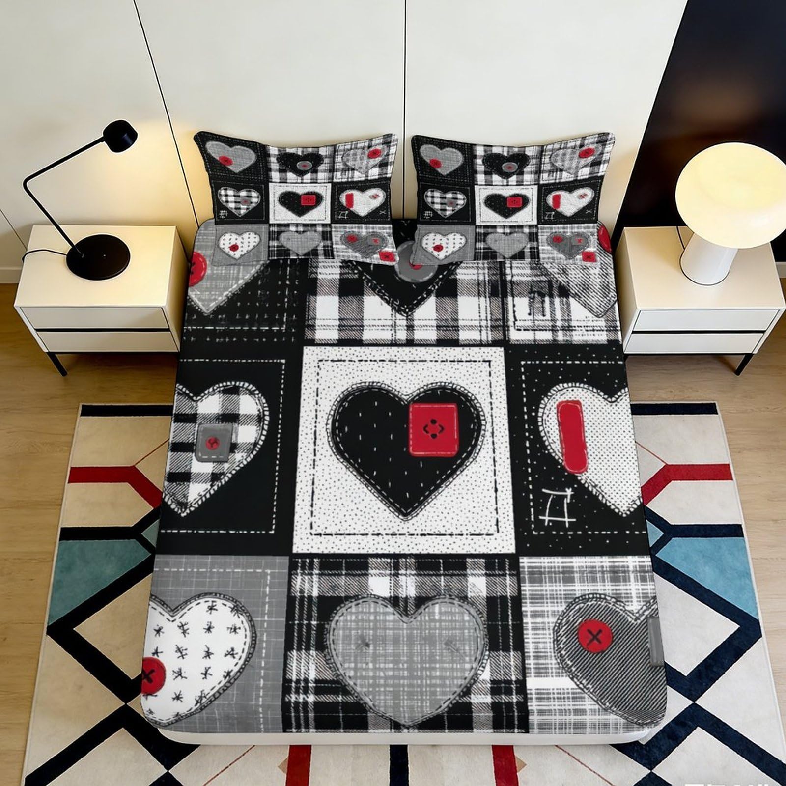 3D Printed Plaid Heart Fitted Sheet Microfiber Soft Anti-Slip Love Patchwork Mattress Cover Bedroom Decor 90x200x25cm