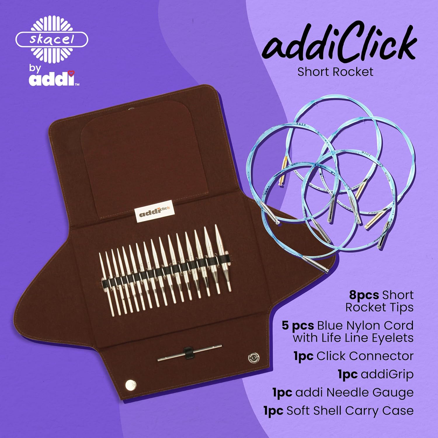 skacel by addi addiClick Interchangeable Knitting Needles Set, Circular Needle Kit with Short Rocket Plated Brass Tips and Nylon Cords