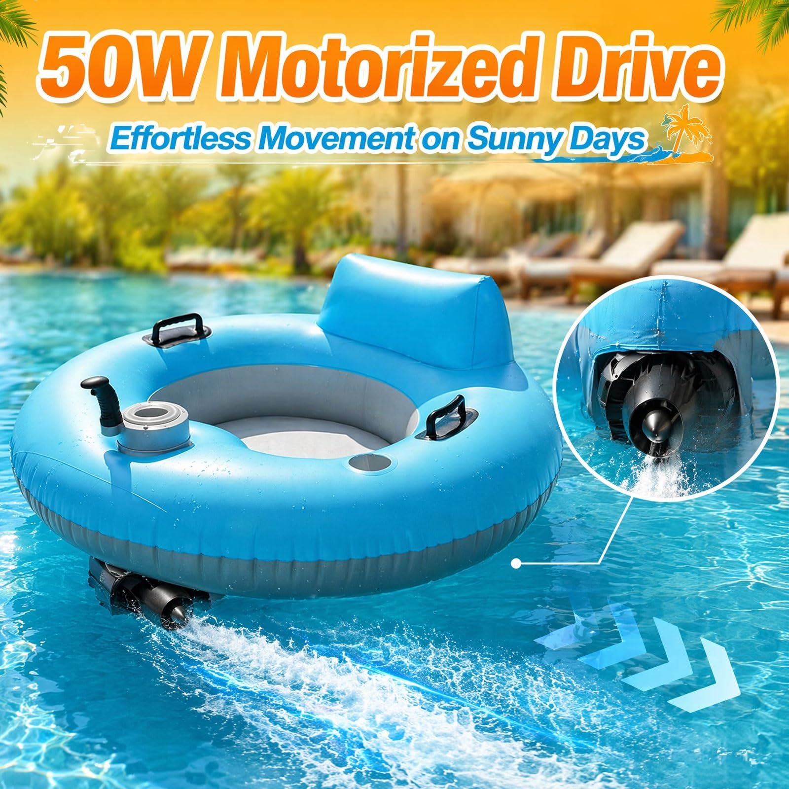 Tumbona motorizada para piscina con bomba de aire eléctrica y portavasos, silla de agua de hélice para lagos y playas, perfecta para vacaciones de verano
