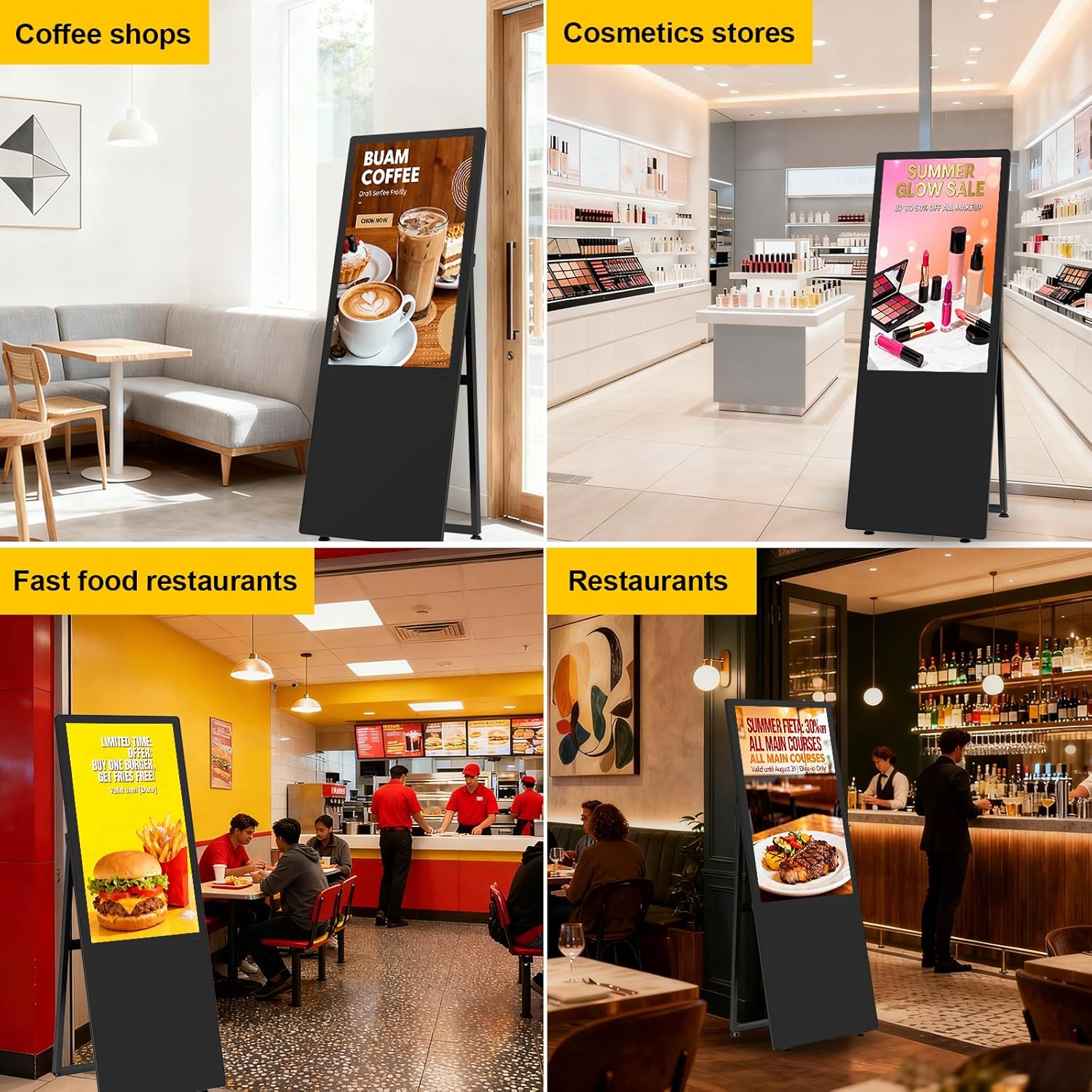 32" Digital Signage, 350nits Advertising Display, Portable Digital Signage with CMS/U-Disk Plug&Play, Split Screen, 7/24 Operation, Free Customized Logo, HDMI/USB/WiFi/Android, Ideal for Restaurant