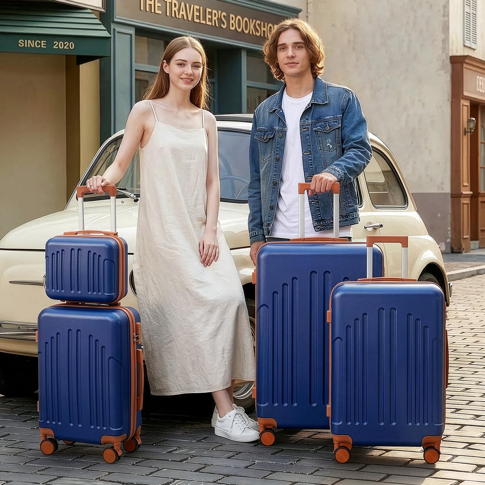 LEADZM Set di Valigie Rigide 4 Pezzi con Beauty Case, Set Valigie in ABS, Luggage Suitcase Grande 23 kg con 4 Ruote Girevoli Doppie (Blu Navy-Marrone)