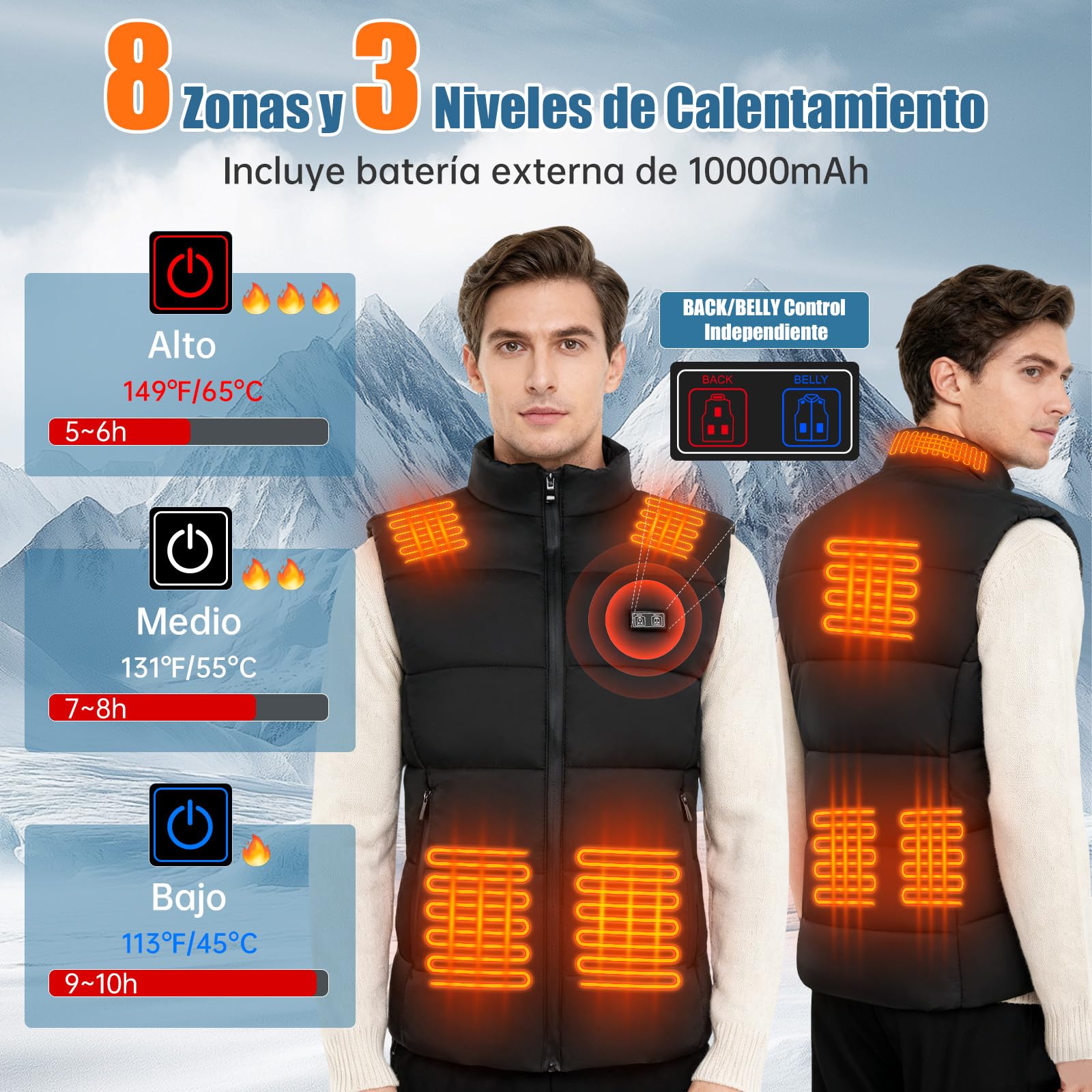 Chaleco Calefactable Hombre con Batería 7.4V 10000mAh, Deepoter Chaleco Térmico Eléctrico 8 Zonas Calefactables, 3 Ajustes de Temperatura, Chaqueta Calefactable - Ideal para Deportes al Aire Libre (L)