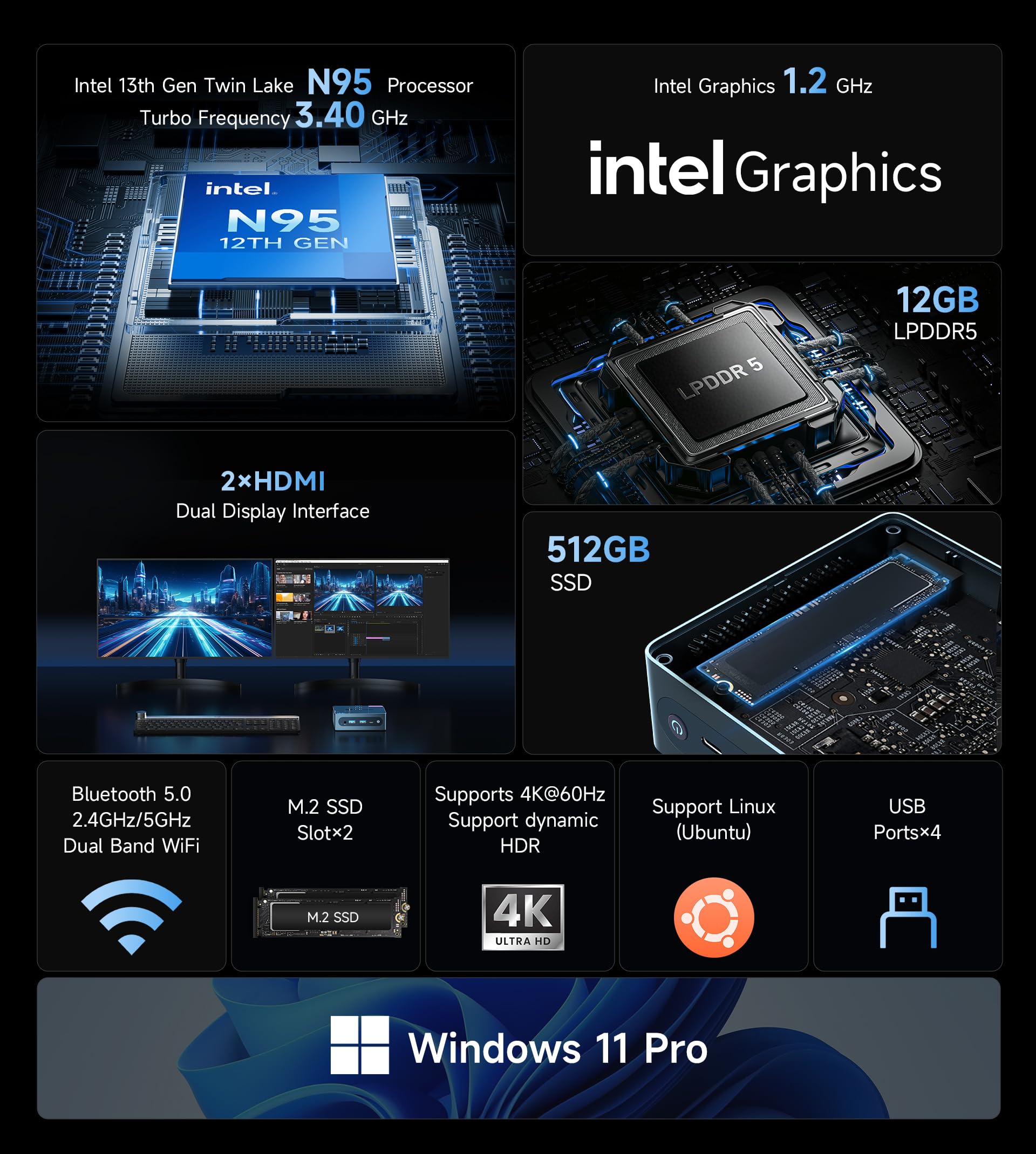 Amazon.com: Bmax B4 Plus Mini PC Intel N95 Windows 11 Pro 12GB