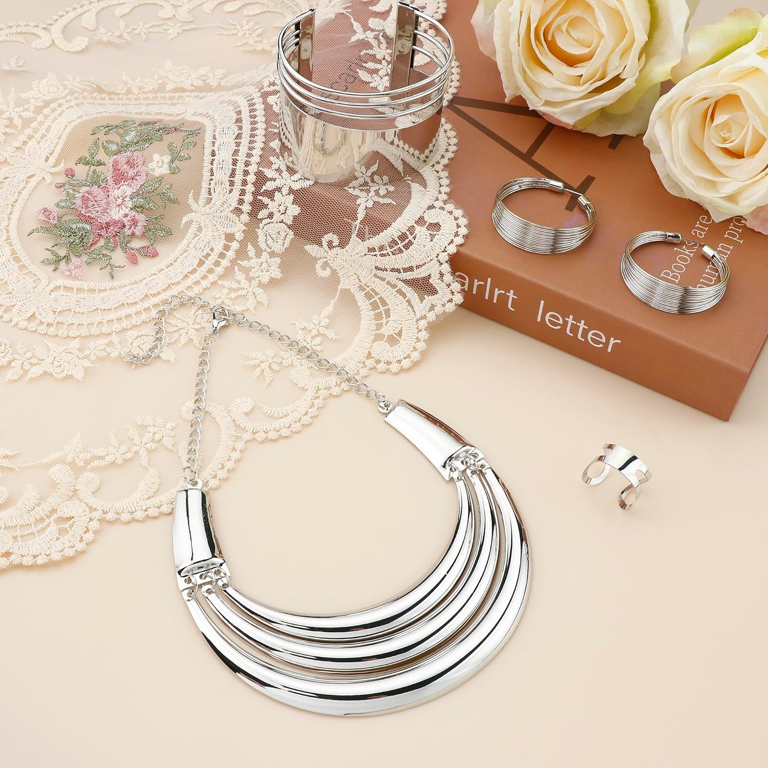 JOERICA Bib Choker Necklace Silver Gold Jewelry Set Wide Cuff Bangle Bracelet Open Hoop Earrings Adjustable Ring Chunky Silver Gold Statement Costume Jewelry Set for Women - Image 5