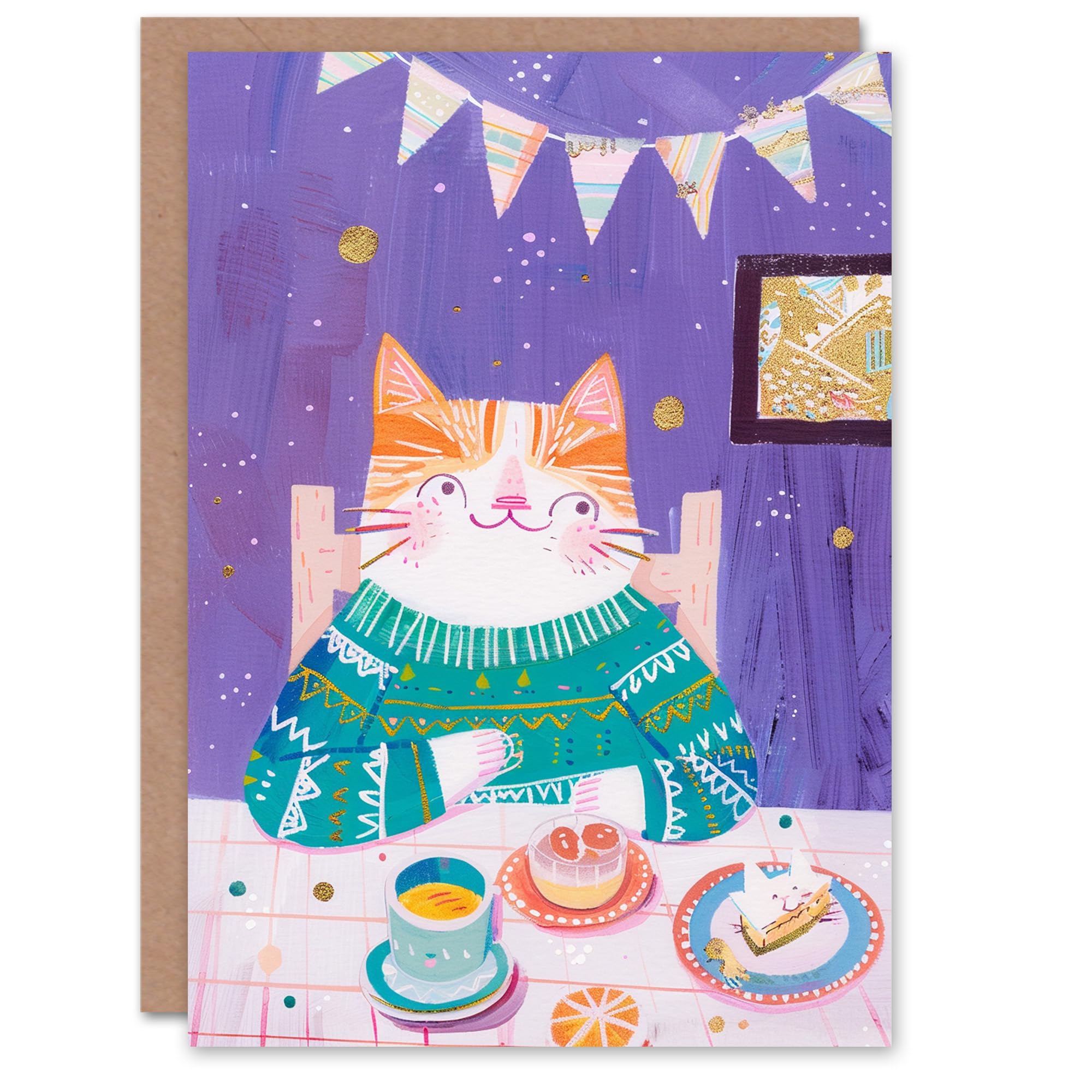 Artery8 Kids Ginger Tabby Cat Birthday Card - Purple