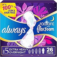 Always Radiant FlexFoam Pads with Wings, Size 5 Extra Heavy Overnight Absorbency, Lightly Scented, 26 Count