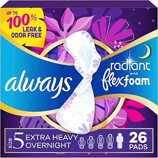 Always Radiant FlexFoam Pads with Wings, Size 5 Extra Heavy Overnight Absorbency, Lightly Scented, 26 Count
