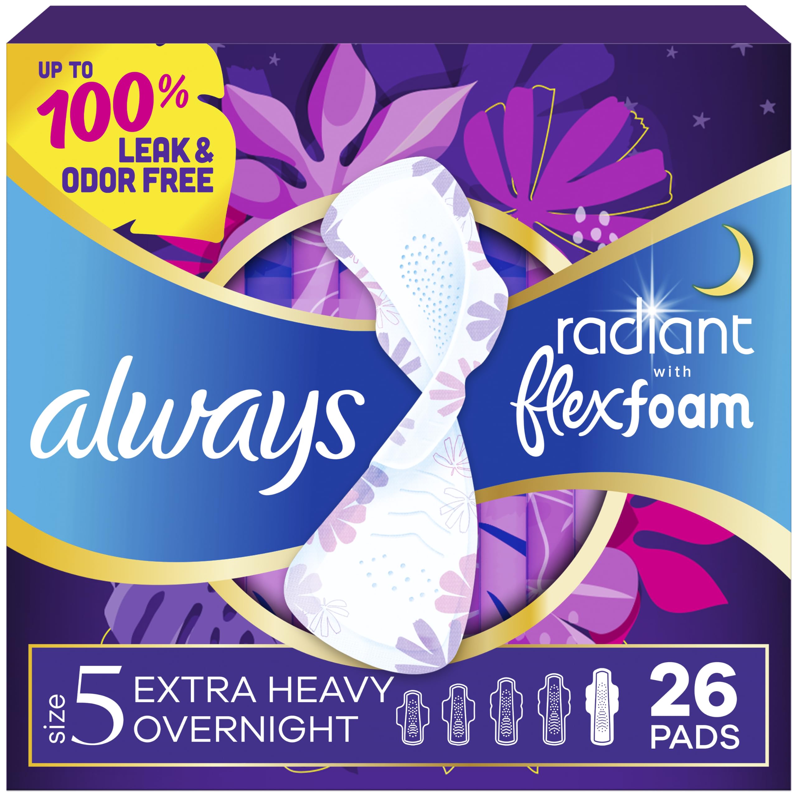 Radiant Feminine Pads for Women, Flexfoam Pads with Wings, Size 5, Extra Heavy Overnight Absorbency, Lightly Scented, 26 Count
