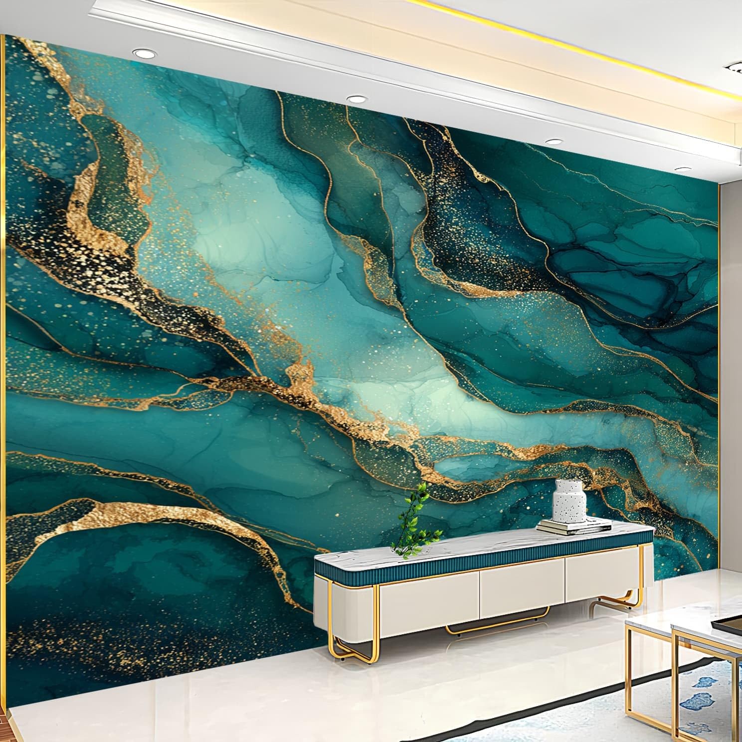 Tapeta panoramiczna 300 x 210 cm, pozłacana sztuka marmurowa, fototapeta, neutralna zapachowa i usuwalna, bezszwowe łączenie, "zrób to sam", obraz ścienny, zielona, do salonu, wynajmowanego mieszkania