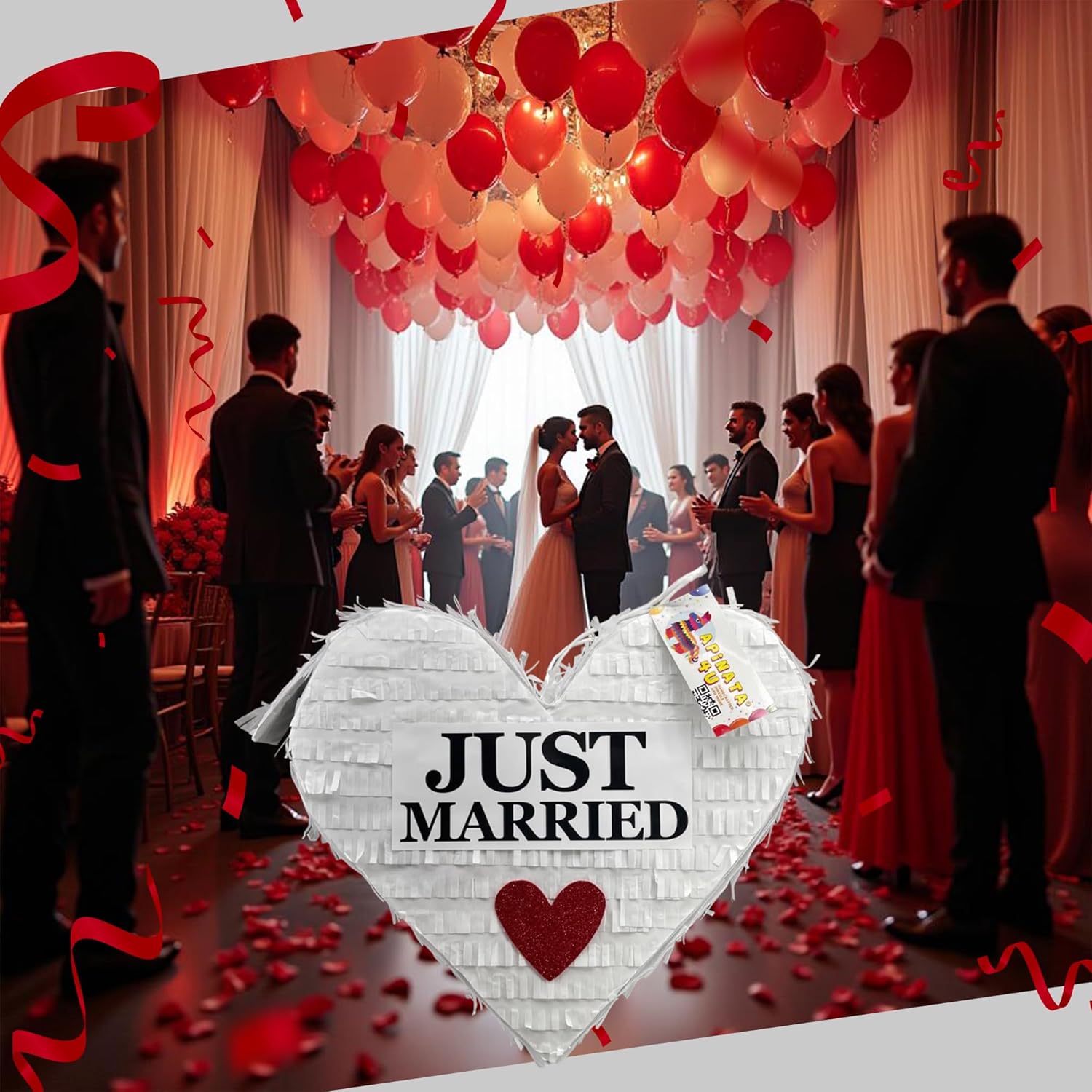 APINATA4U Just Married Heart Pinata, White Wedding Decor for Bridal Showers and Receptions, Perfect Party Favor for Weddings or Birthdays, Birthday Party Decoration, 17 X 17 X 4 Inches