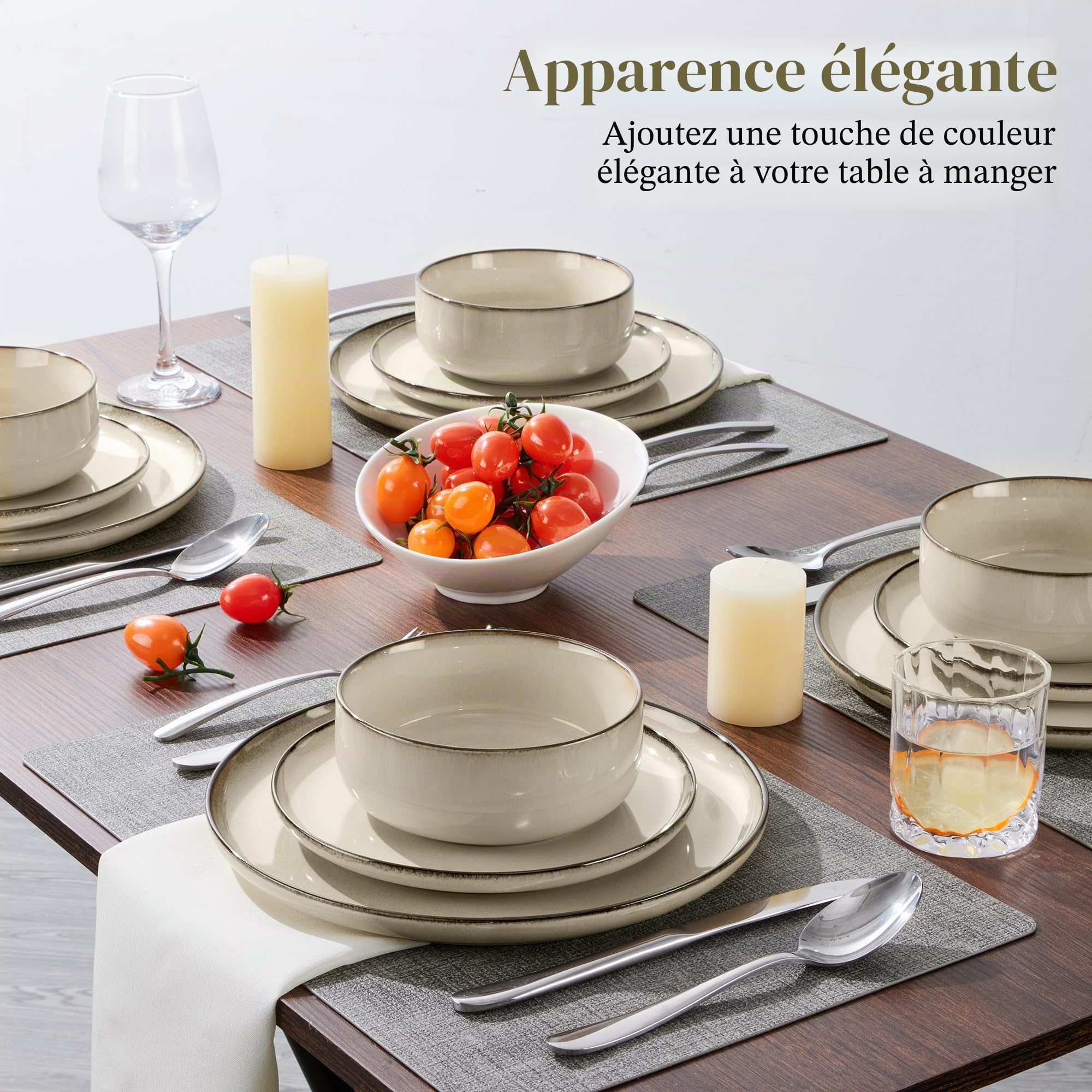 Joyfair Service de table pour 6 personnes, 18 pièces, en grès résistant, rayures, assiettes plates, dessert, bols céréales, micro-ondes, lave-vaisselle, kaki récif