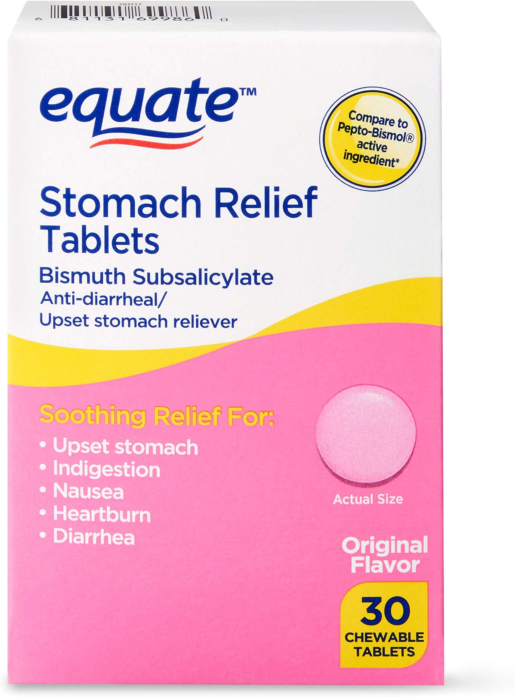 Equate - Stomach Relief, Pink Bismuth Subsalicylate, 30 Chewable Tablets