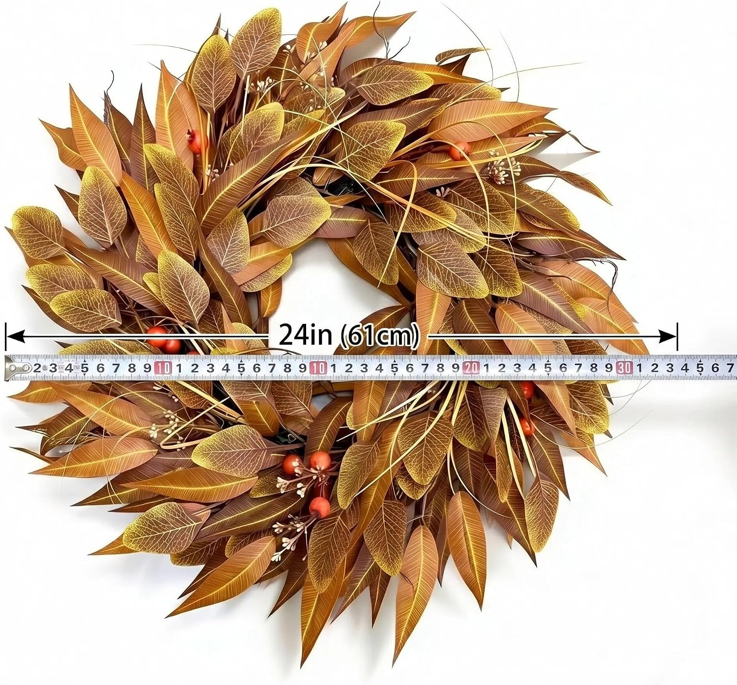 24 Inch Fall Wreath for Front Door, Autumn Leaves for Thanksgiving Decor | Realistic veined leaves, red berries and a grapevine base bring warm farmhouse style to doors, walls and covered porches