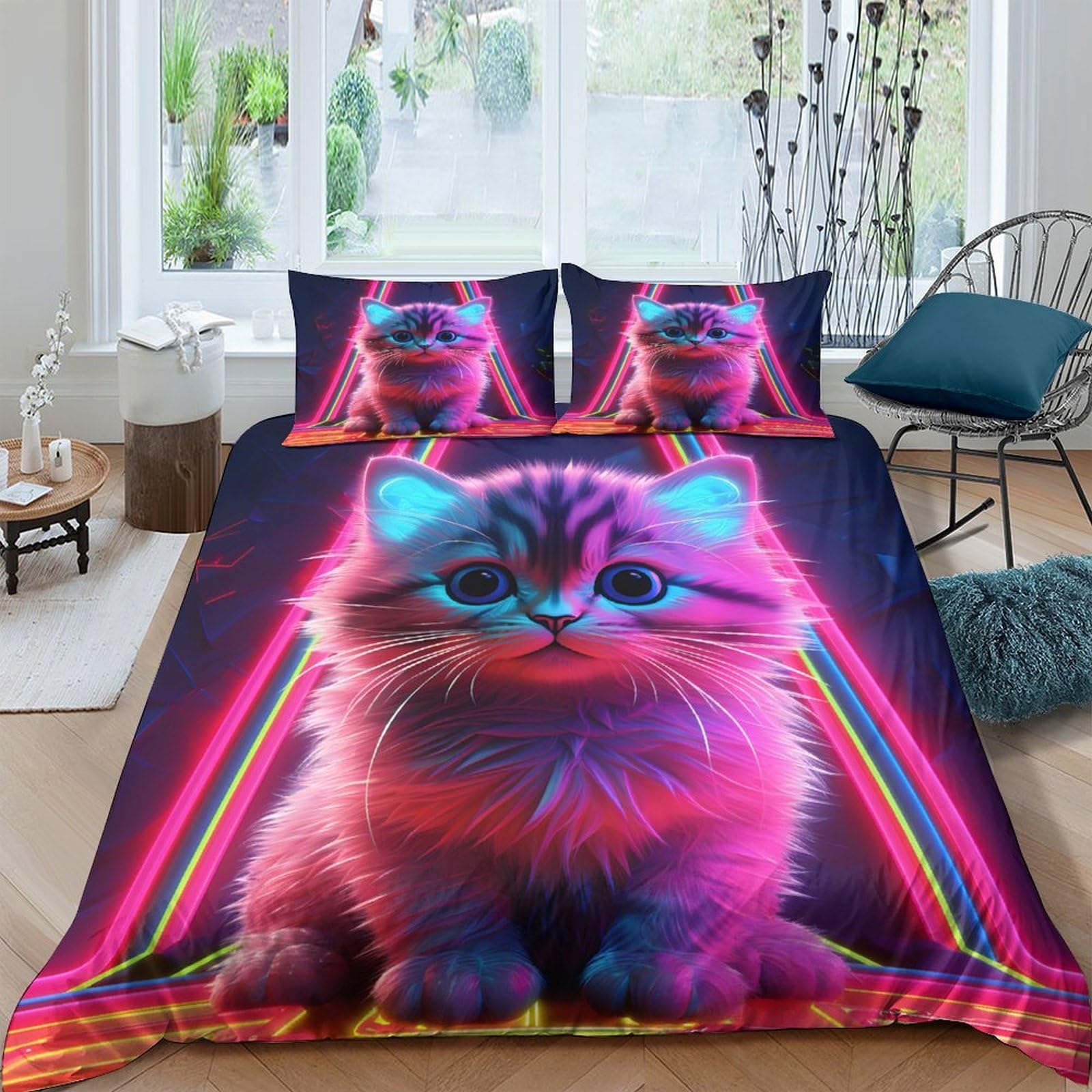 Ctjqhvkz Style-1 3D Printed Neon Cat Fitted Sheet Microfiber Soft Anti-Slip Rainbow Bed Cover For Bedroom Dorm Mattress Protection Decor Single（135X200cm）