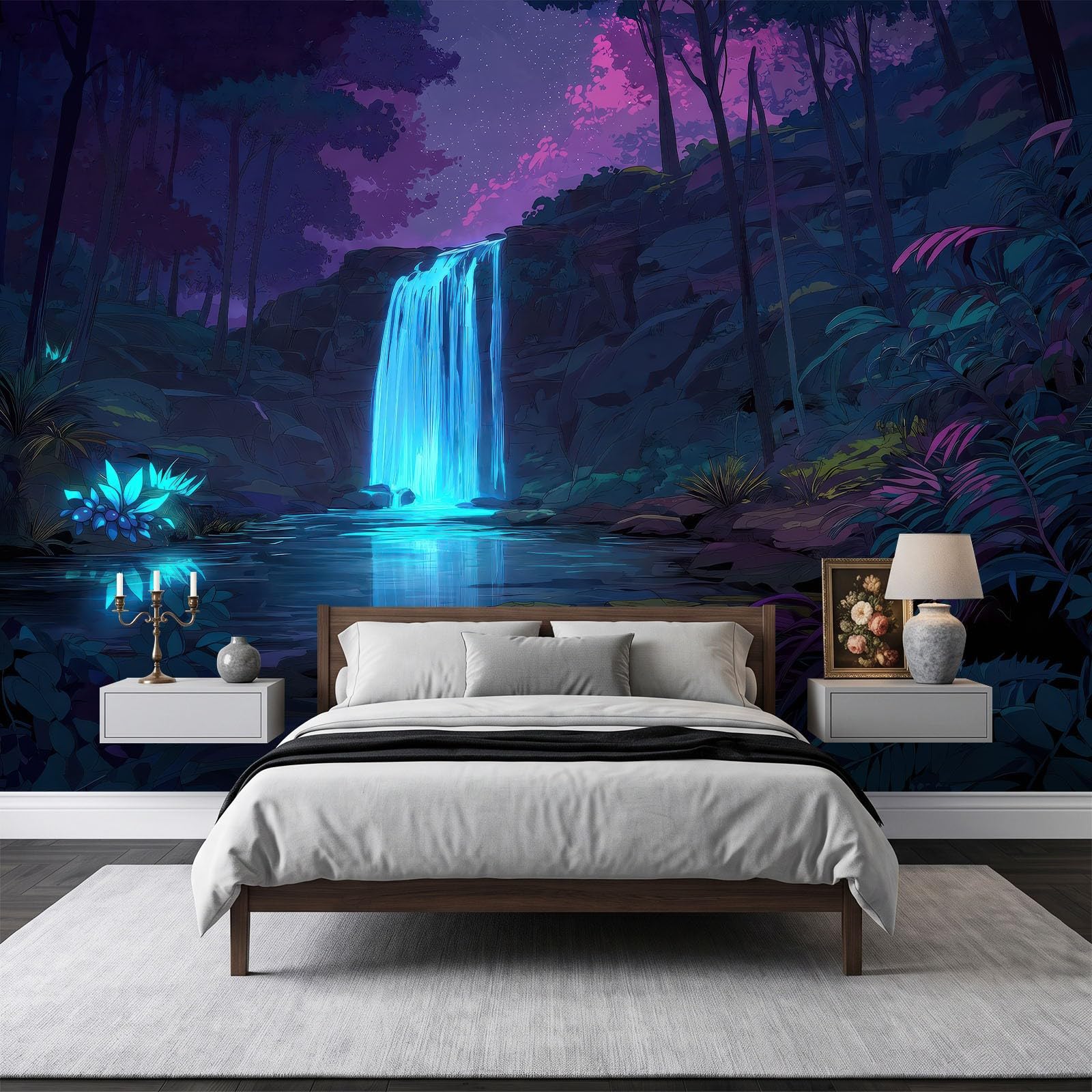 500 x 280 cm, fototapeta z włókniny, bajeczny widok nocny, wodospad, las, fototapeta, do salonu, tapeta na flizelinie, efekt 3D, tapeta z włókniny, odporna na promieniowanie UV, tapeta ścienna