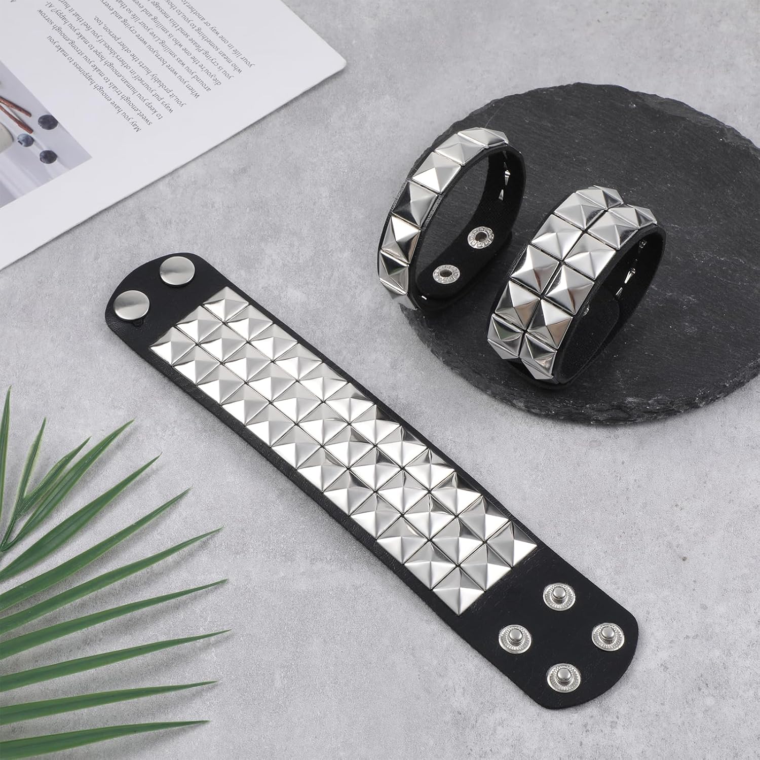 3 Piece Adjustable Goth Bracelets Punk Rock Studded Bracelets Black Spiked Leather Cuff Bracelet for Men Women 80s Retro Style Wristband Halloween Party Accessories - Image 7