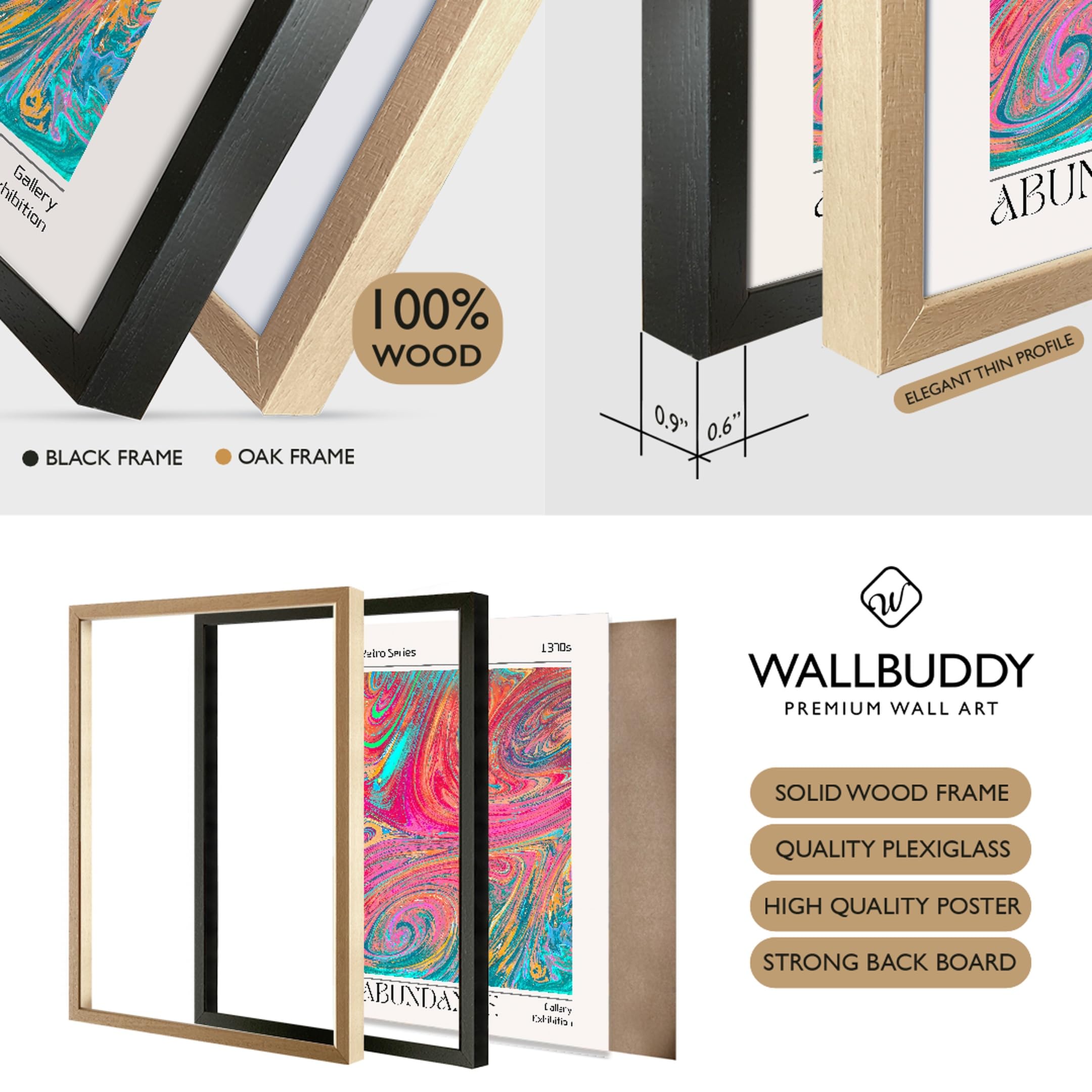 WallBUddy Retro 1970er Jahre Abstrakte Wandkunst (60 x 90 cm, Eichenrahmen)