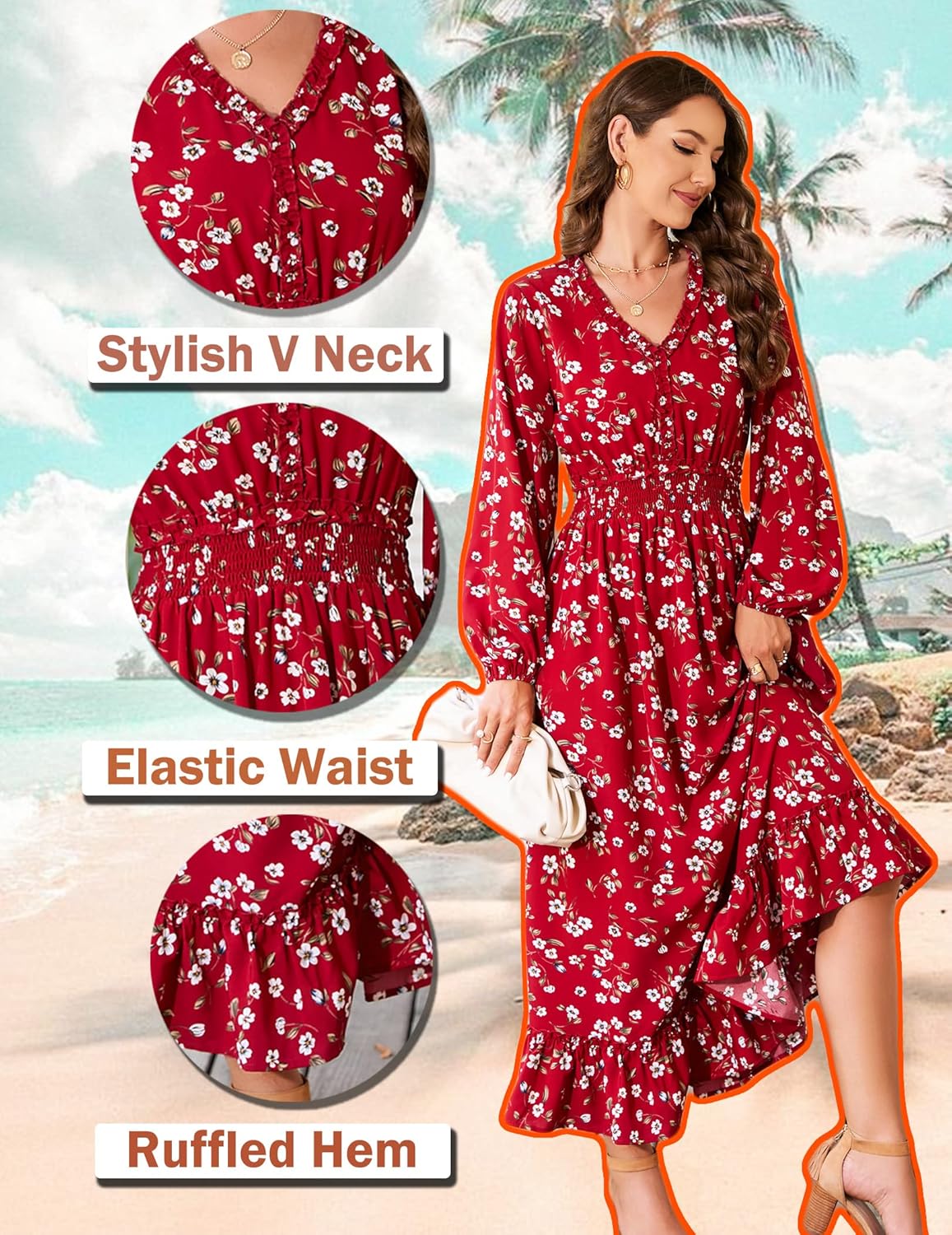 MISSKY Casual V Neck Boho Floral Print Wedding Guest Maxi Dresses for Women Bohemian Flowy Maxi Dress - Image 5