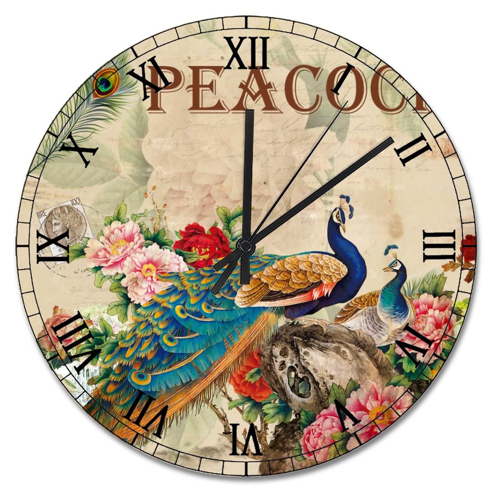 Horloge murale silencieuse en bois bleu paon de 38 cm pour salon rustique
