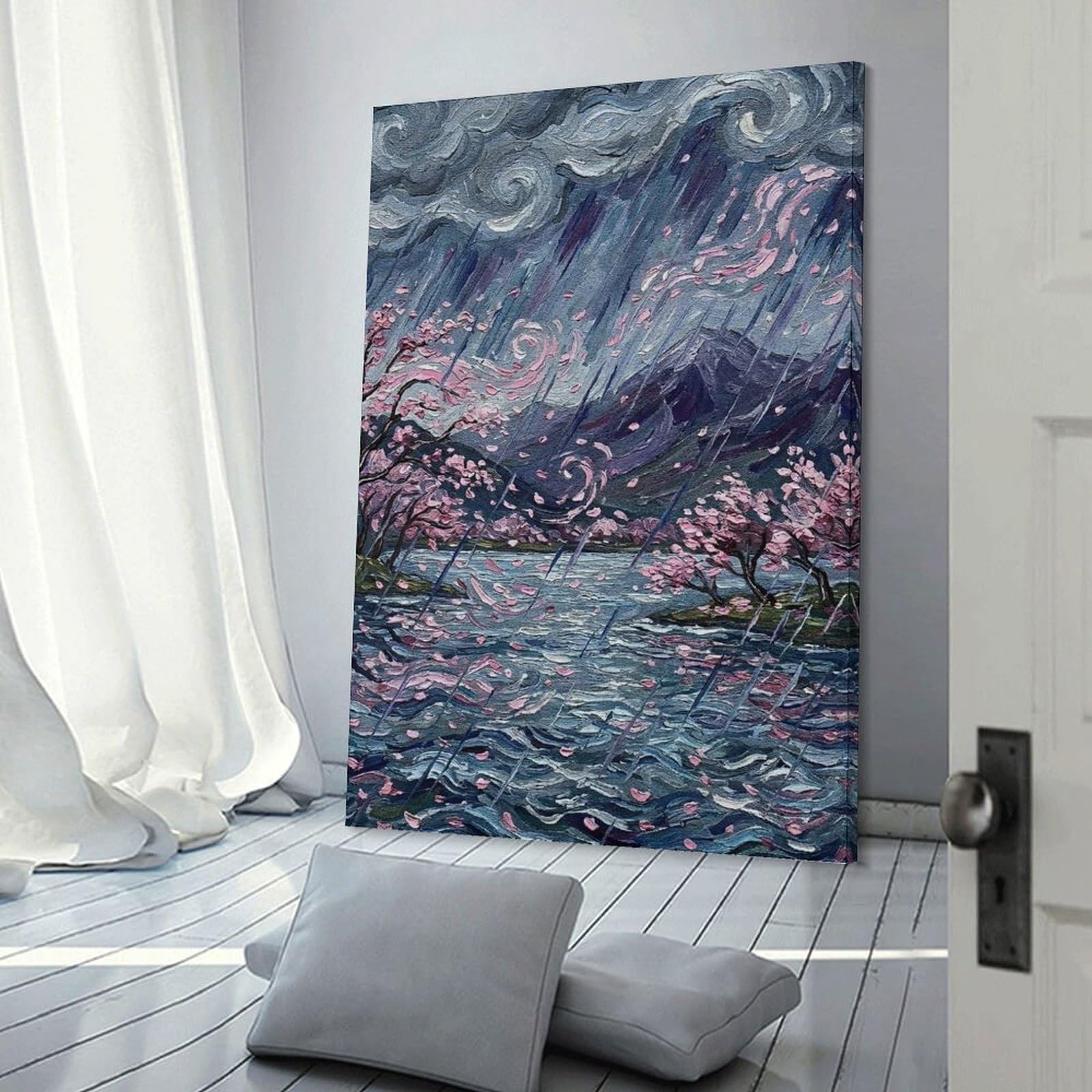 Junmoney Rainy Cherry Blossom Landscape Painting Canvas Art Print 24x36inch(60x90cm), for Front Hall, Corridor Or Welcome Spaces, Home Artwork for First Impressions