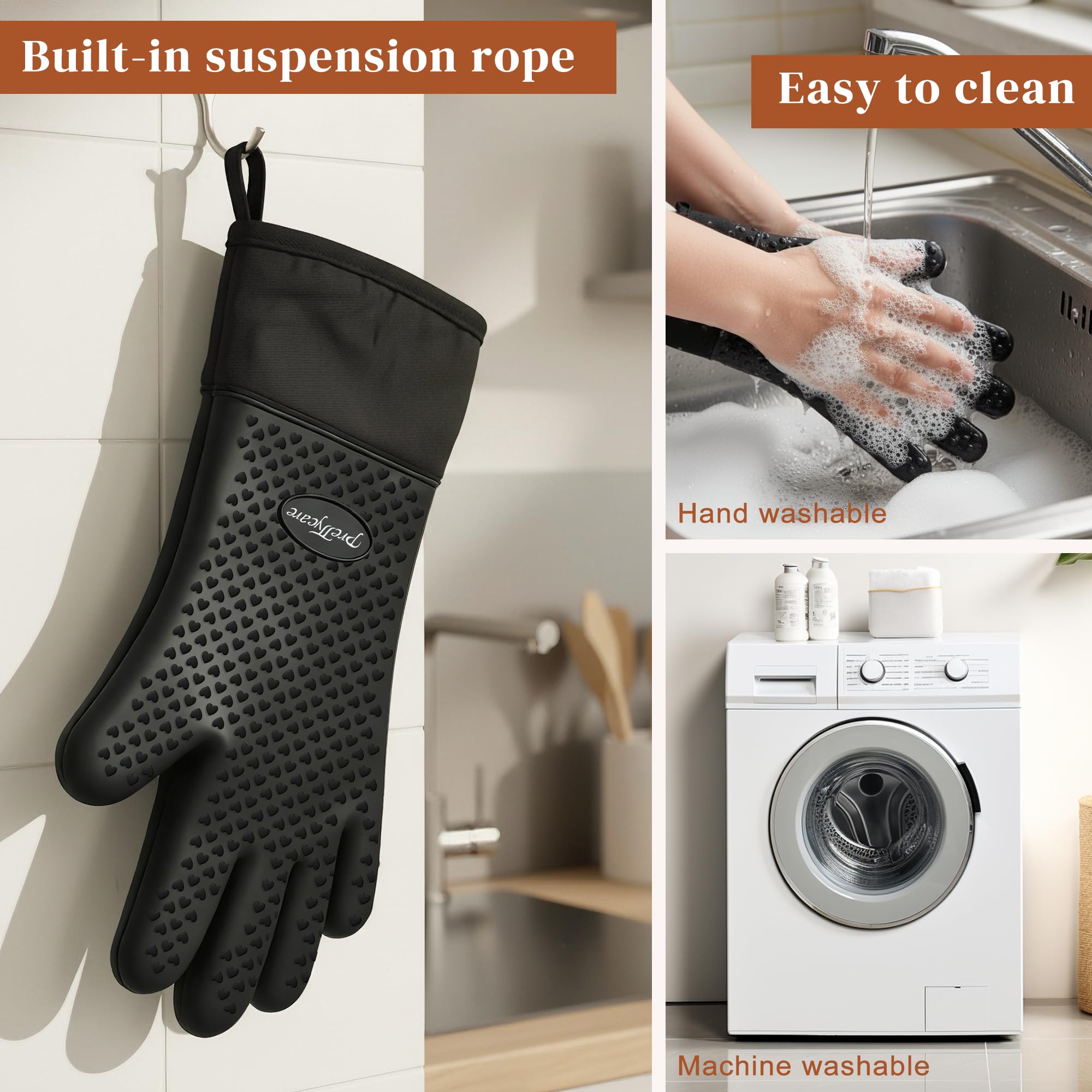 PrettyCare Gants de cuisine extra longs de 35,6 cm en silicone, imperméables et antidérapants avec doigts, gants de cuisine en silicone doublés de coton, résistants à la chaleur pour la pâtisserie, la