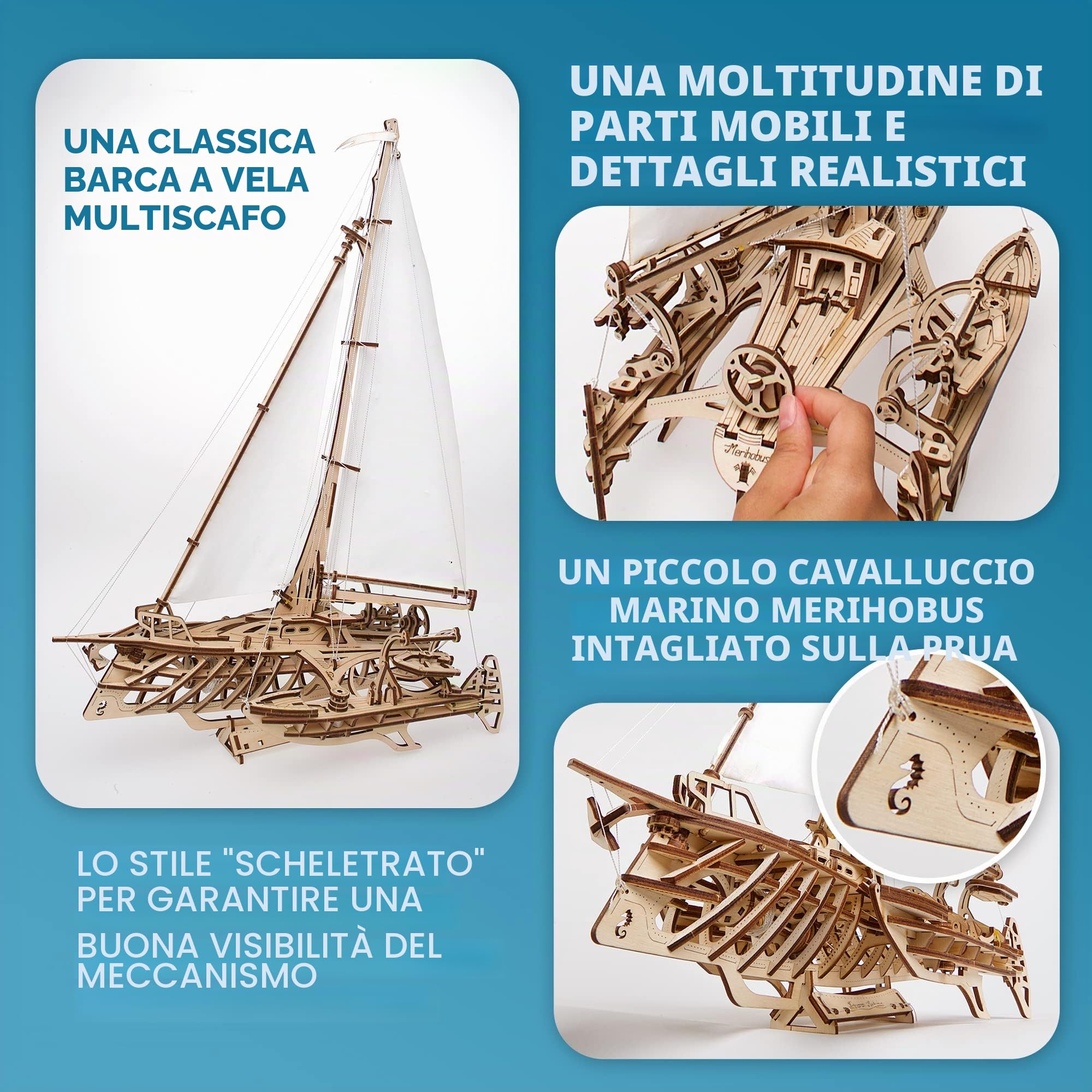 UGEARS Trimarano a Vela Merihobus Modello in Legno 3D - Puzzle per Adulti - Modello Meccanico - Rompicapo da Costruire - Da Collezionare