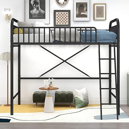 Miniatura 9 de CNANXU Twin Size Metal Loft Bed with Inclined Ladder and Full-Length Guardrail High Loft Bed for Boys GirlsTeens Adults Twin Bed Frame Small Space