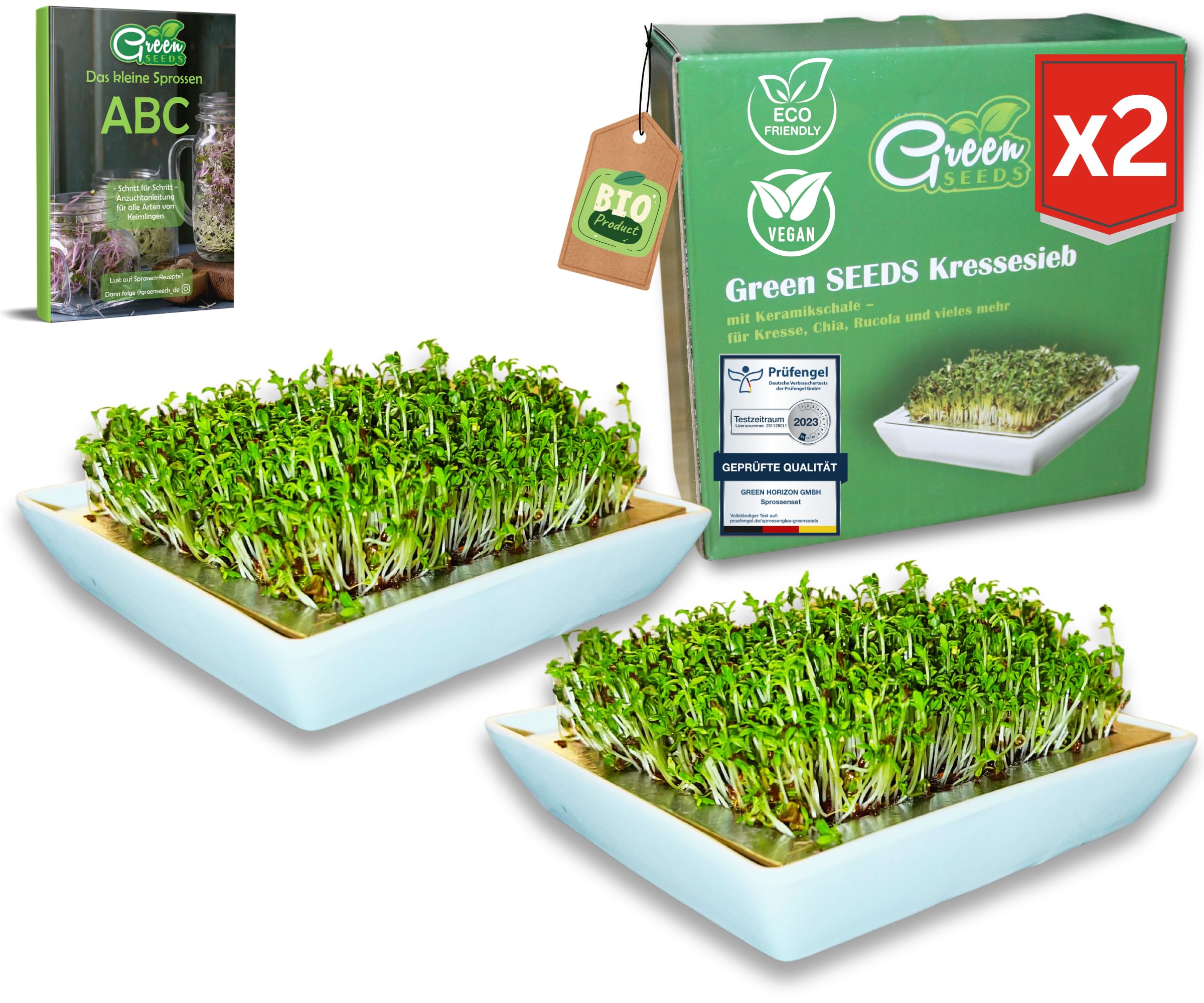 Green SEEDS® Kressesieb 2er Set [Das Original] | Edelstahlsieb mit hochwertiger Keramikschale nachhaltig verpackt | Anzuchtschale 14 x 14cm + Sprossen-ABC | Kresseschale Keimschale