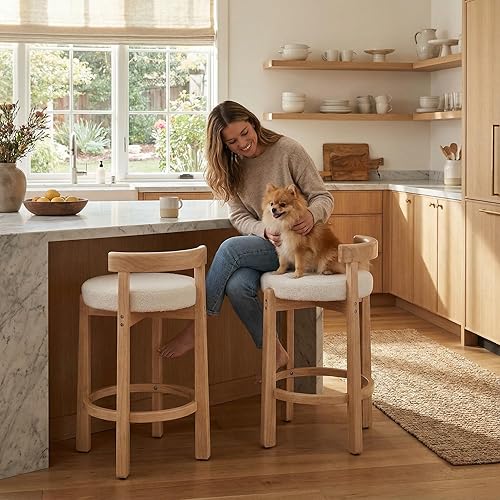 Miniatura 7 de LukeAlon Juego de 2 taburetes de mostrador Sherpa, tapizados de mediados de siglo de 26.5 pulgadas de altura de asiento bajos con patas de madera