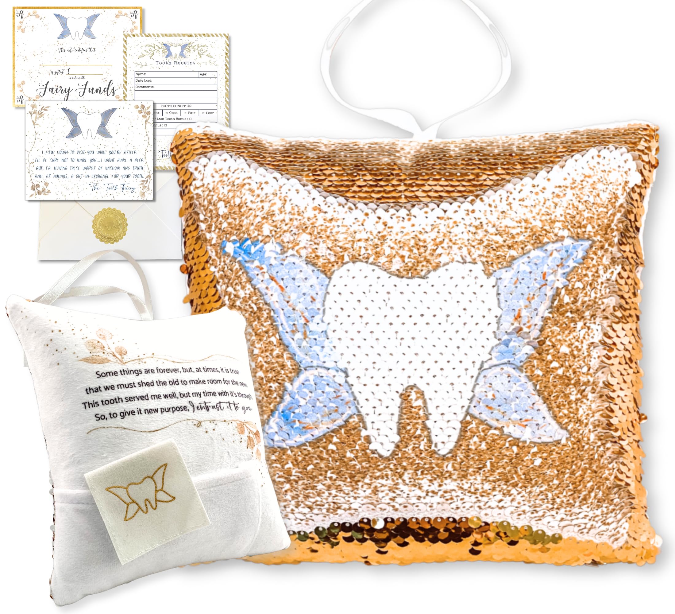 Tooth Fairy Pillow Kit for Girls and Boys - Tooth Fairy Evidence Kit with Tooth Fairy Bag - Multi Color Reversible Sequin and Large Pocket - Tooth Pillow with Tooth Fairy Bag