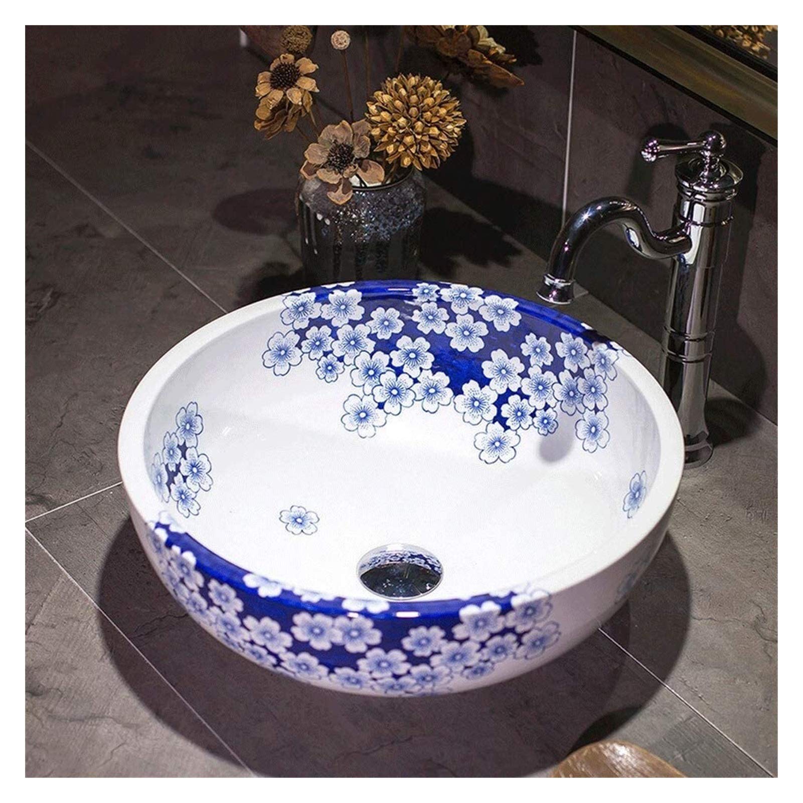 Gljtuo White Vessel Sinks, Bathroom Vessel Sink Luxury Hotel Art Sink Round Bathroom Porcelain Vessel Sink 15" Pastoral Style Above Counter Countertop Art Sink Bowl