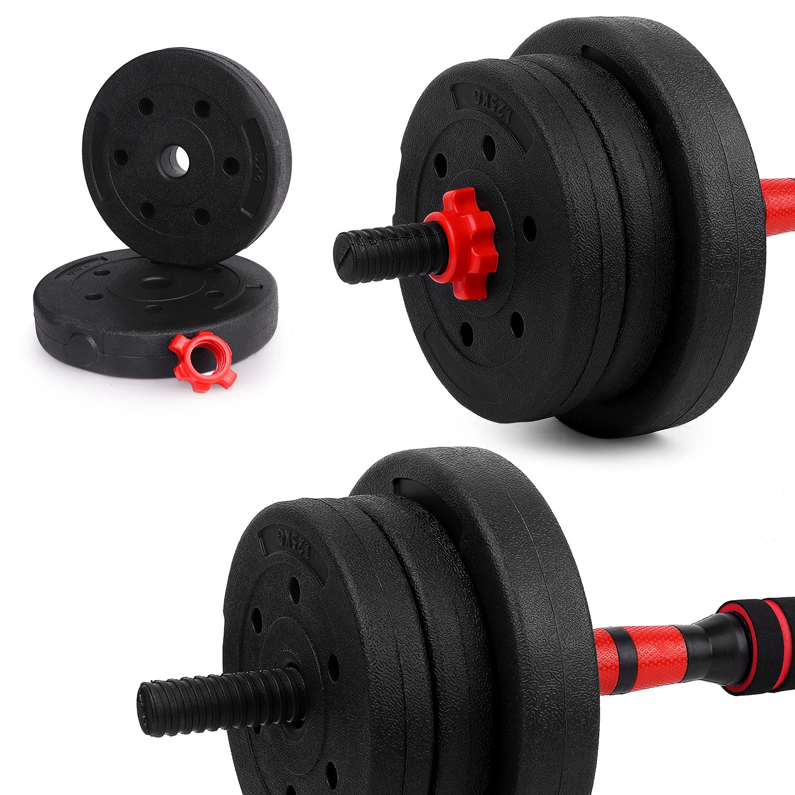 wuuhoo® set de mancuernas ajustables Arni - set de 2 mancuernas de 30mm, pesas y barra de extensión, juego de plástico con cierre de estrella, entrenamiento