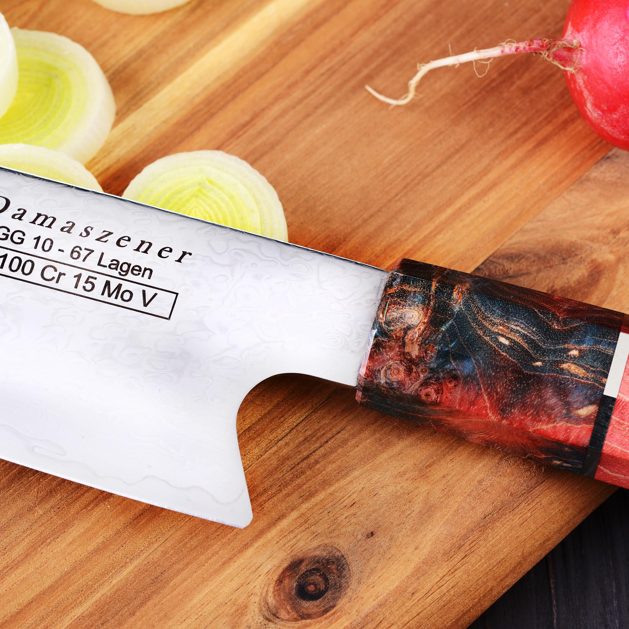 GRÄWE Damastmesser Signature, Großes Messer aus Damaststahl, Super Scharf, Damaszener Santokumesser, Damast Küchenmesser, 35 cm Lang, Kochmesser mit Geschenkbox, Hellbrauner Griff