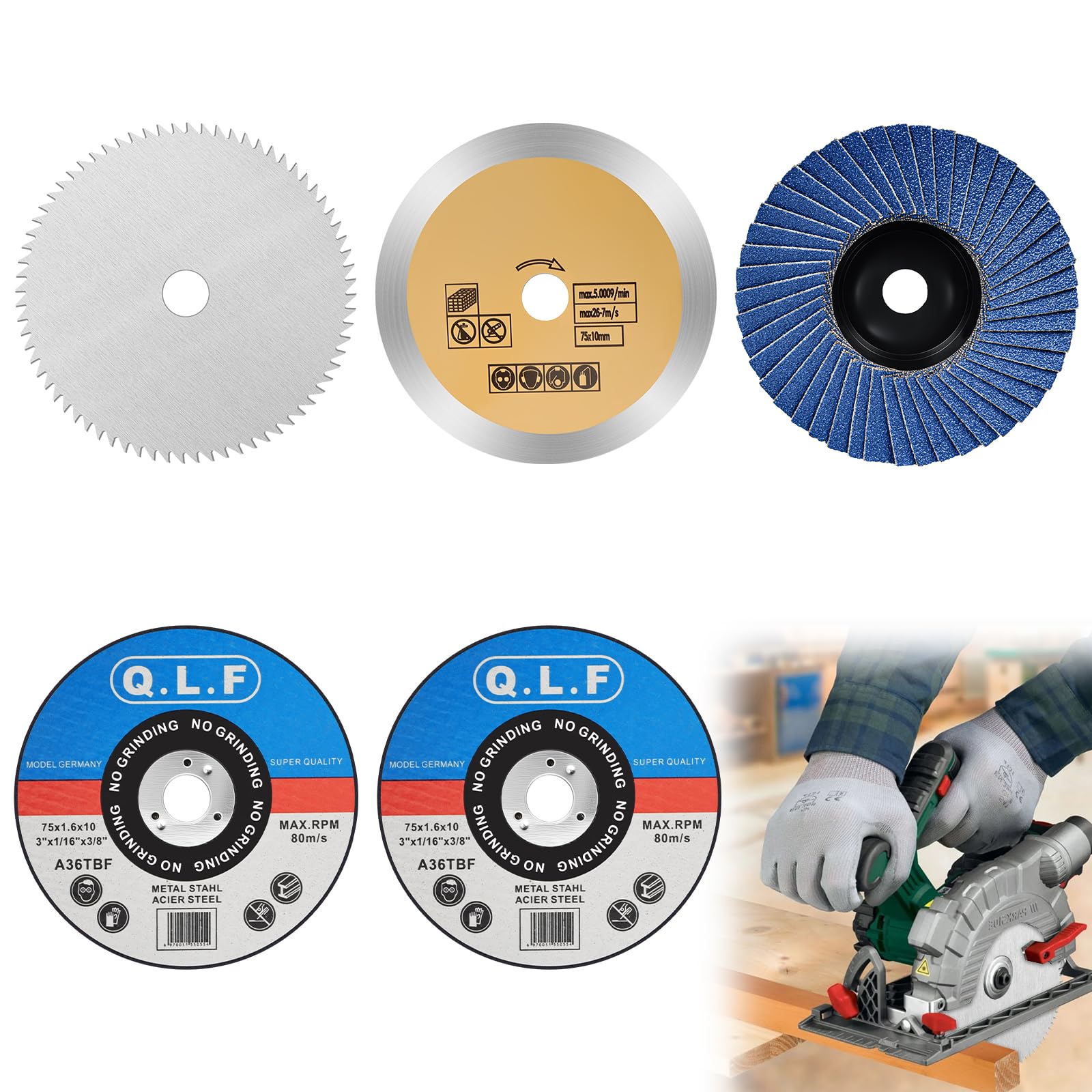 NUTKIT Trennscheiben, 5 Stück Trennscheibe 76mm, 4 Sorten Trennscheiben & Fächerscheiben Set für Mini-Winkelschleifer, Scheiben, Schleifscheiben für Metall Stahl Eisen Edelstahl Holz Keramik Fliese