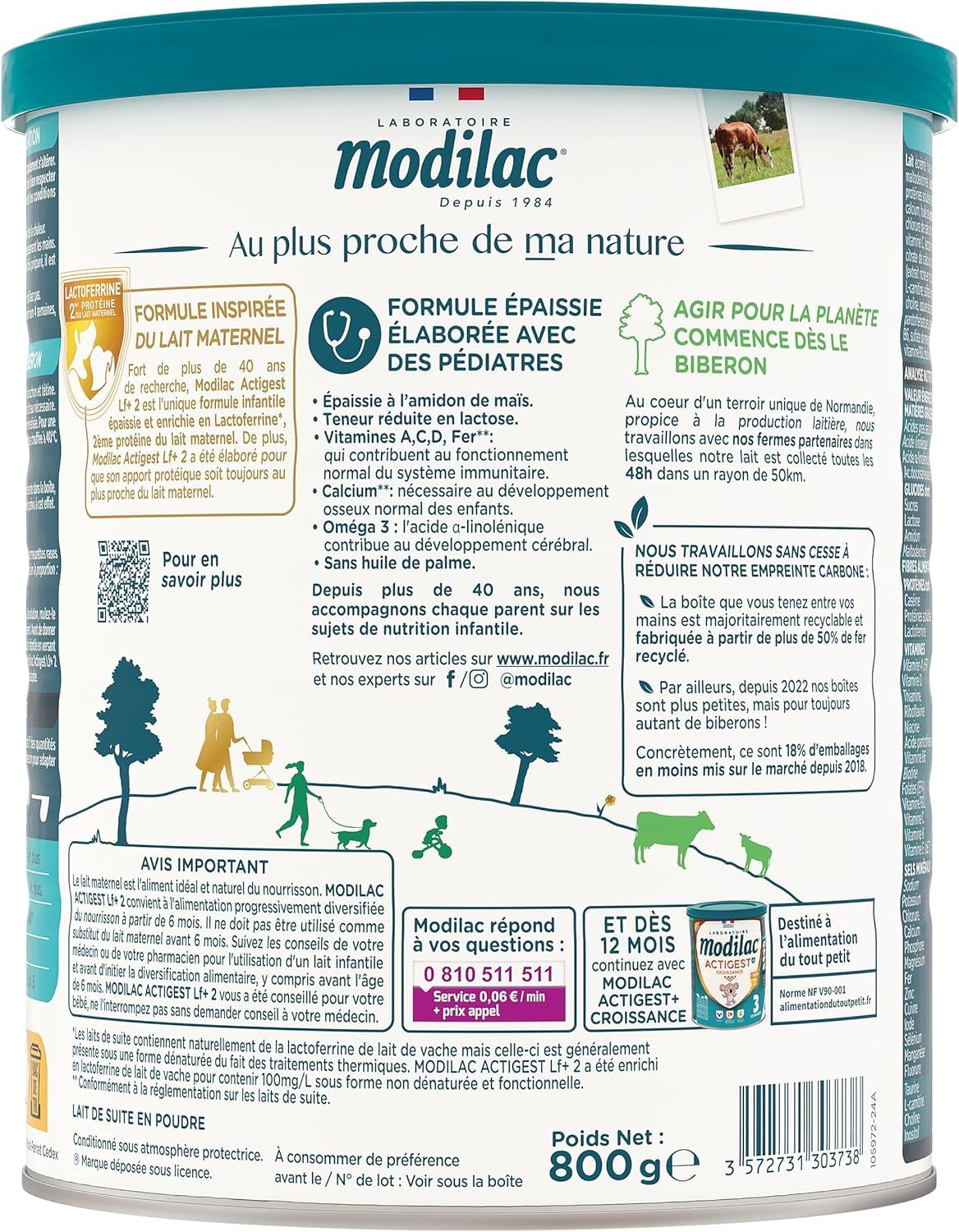 Modilac - Lait Infantile en Poudre Actigest Lf+2 - Formule Épaissie - Fabriqué en France Sans Huile de Palme - 2eme Age, de 6 à 12 Mois - Lot de 6x800g