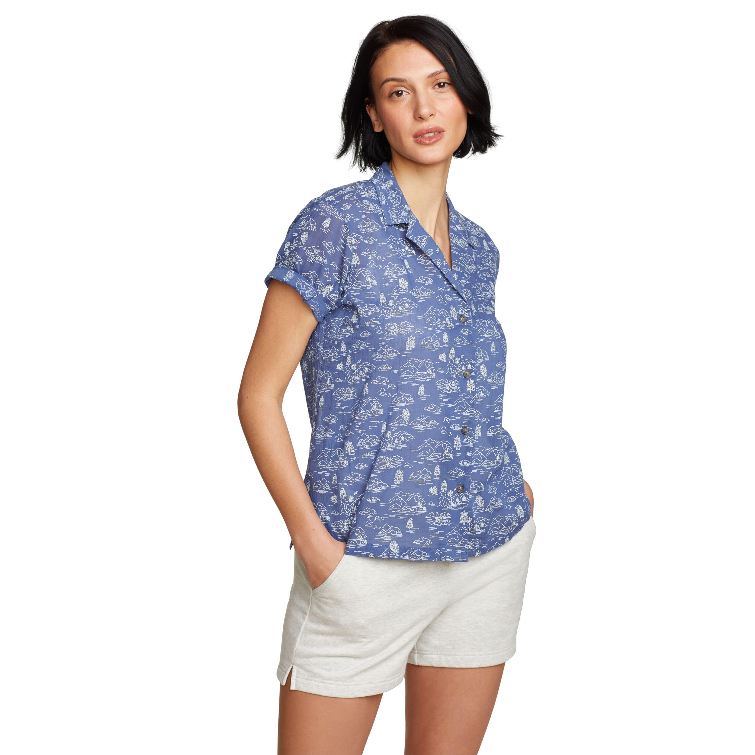 Eddie Bauer Women's Short Sleeve Packable Camp Shirt, BLUBIRD