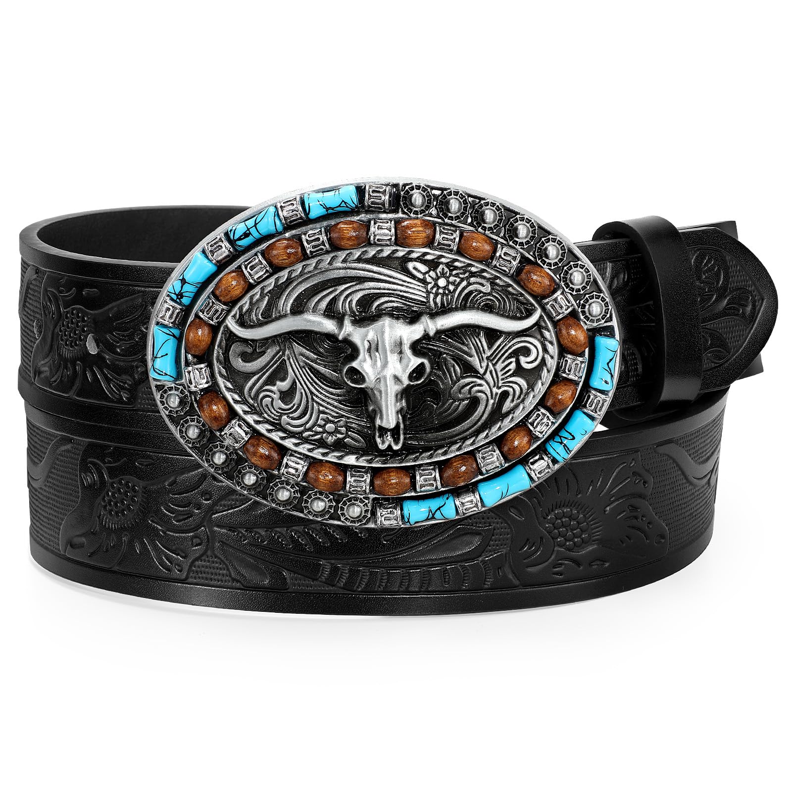 UpFind Western Genuine Leather Belt Cowboy Belt with Turquoise Oval Buckle Longhorn for Men Women Jeans Pants