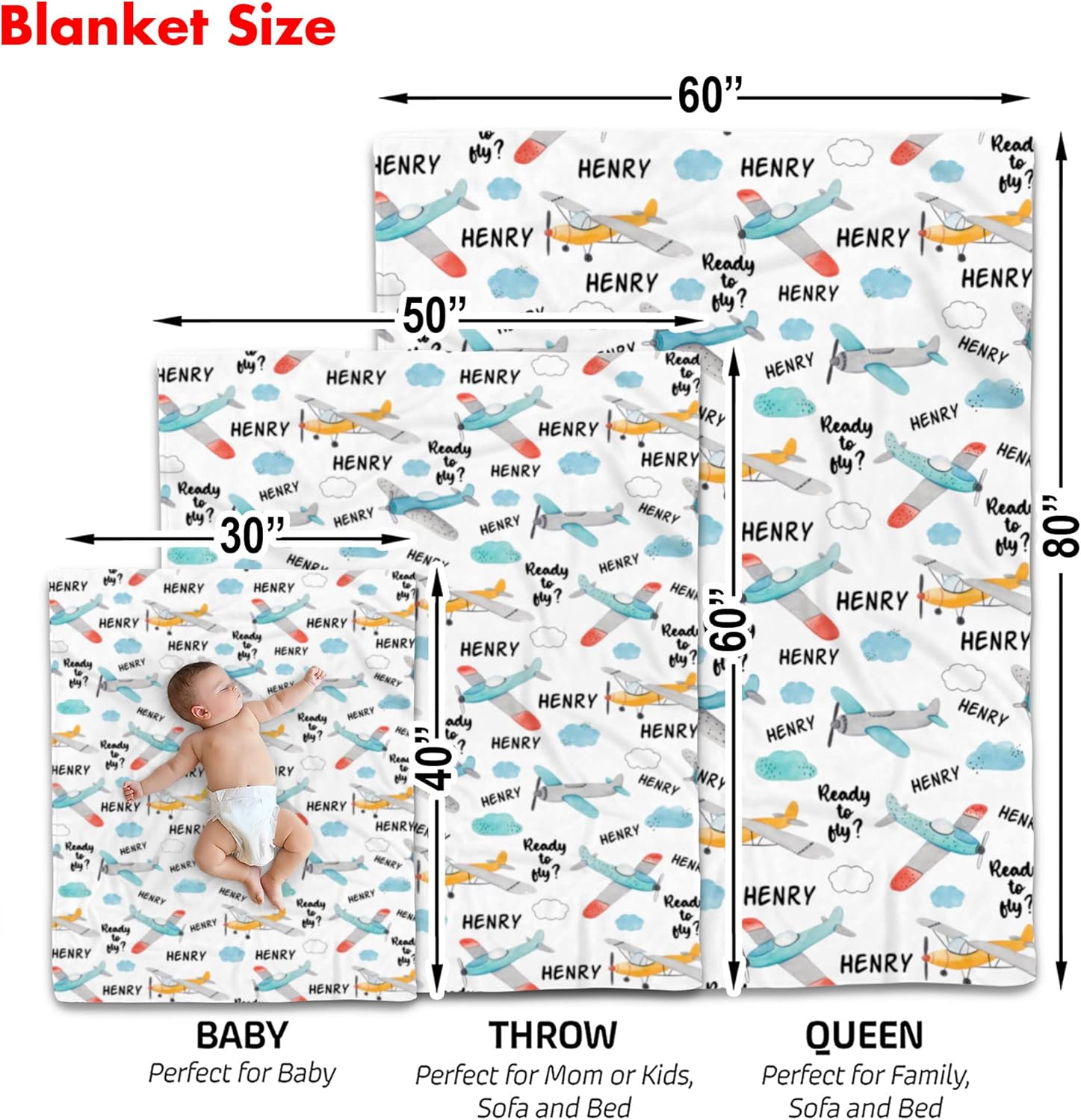 Personalized Aviation Baby Blanket, Custom Name Airplane Design Bedding, Soft Plush Aircraft Nursery Decor, Cozy Pilot Infant Wrap