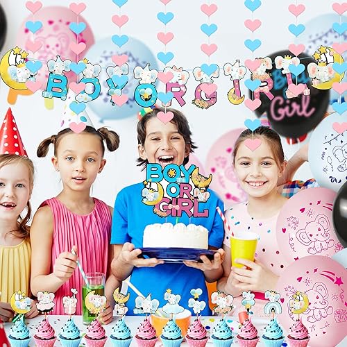 Miniatura 6 de Elefante revelación de género suministros de fiesta azul y rosa decoración de baby shower pancarta de elefante decoración de pastel para magdalenas