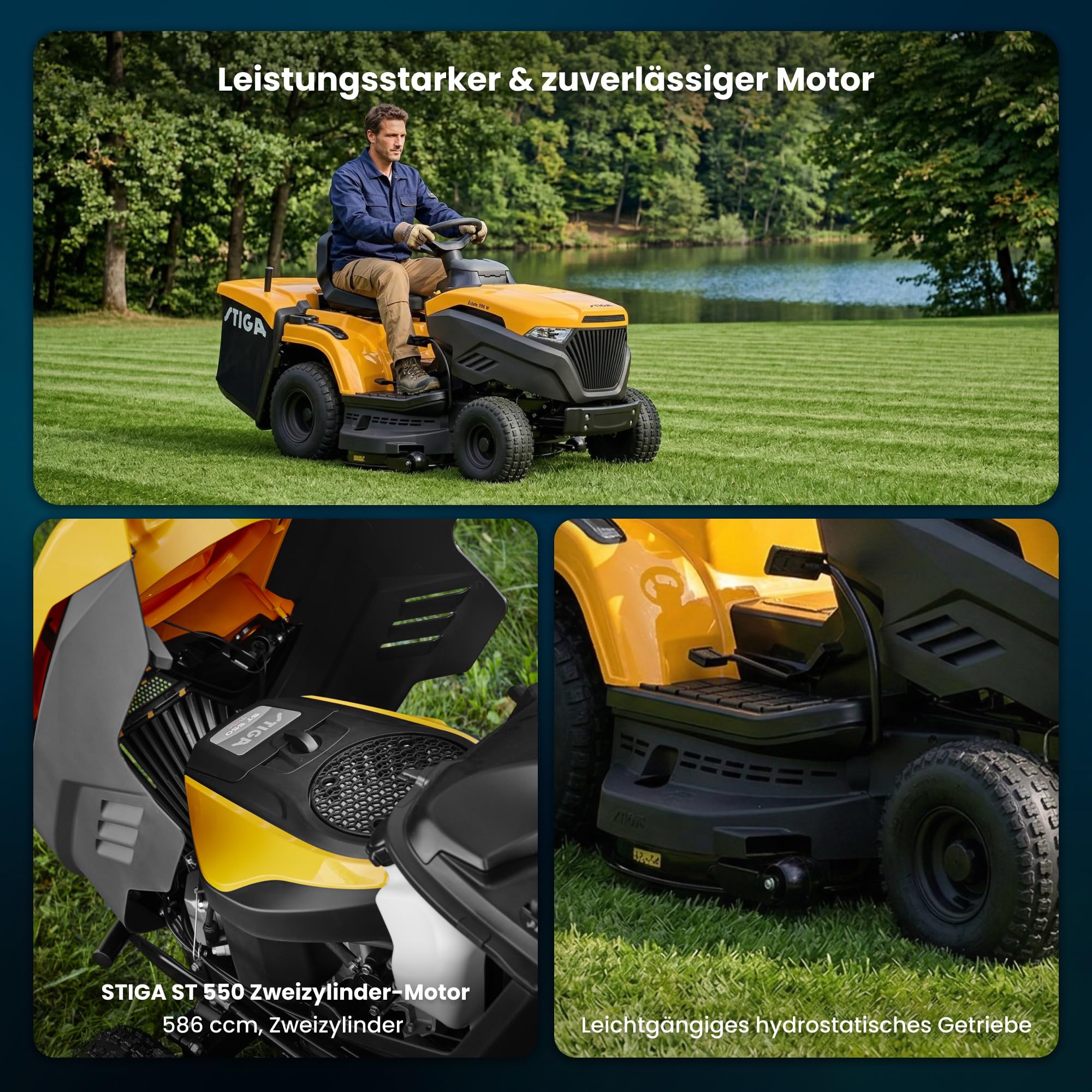 STIGA Estate 598 W Rasentraktor, 586 cm³, 98 cm, 240 L – Hydrostatischer Pedalantrieb, 3-In-1-Mähsystem – Für Große Flächen