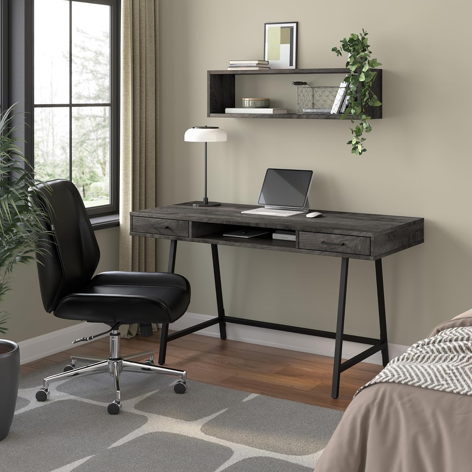 Bush Home Steele 54W Writing Desk with Storage in Dark Gray Hickory | Large Wooden Computer Table for Home Office Workspace Dark Gray Hickory 54W