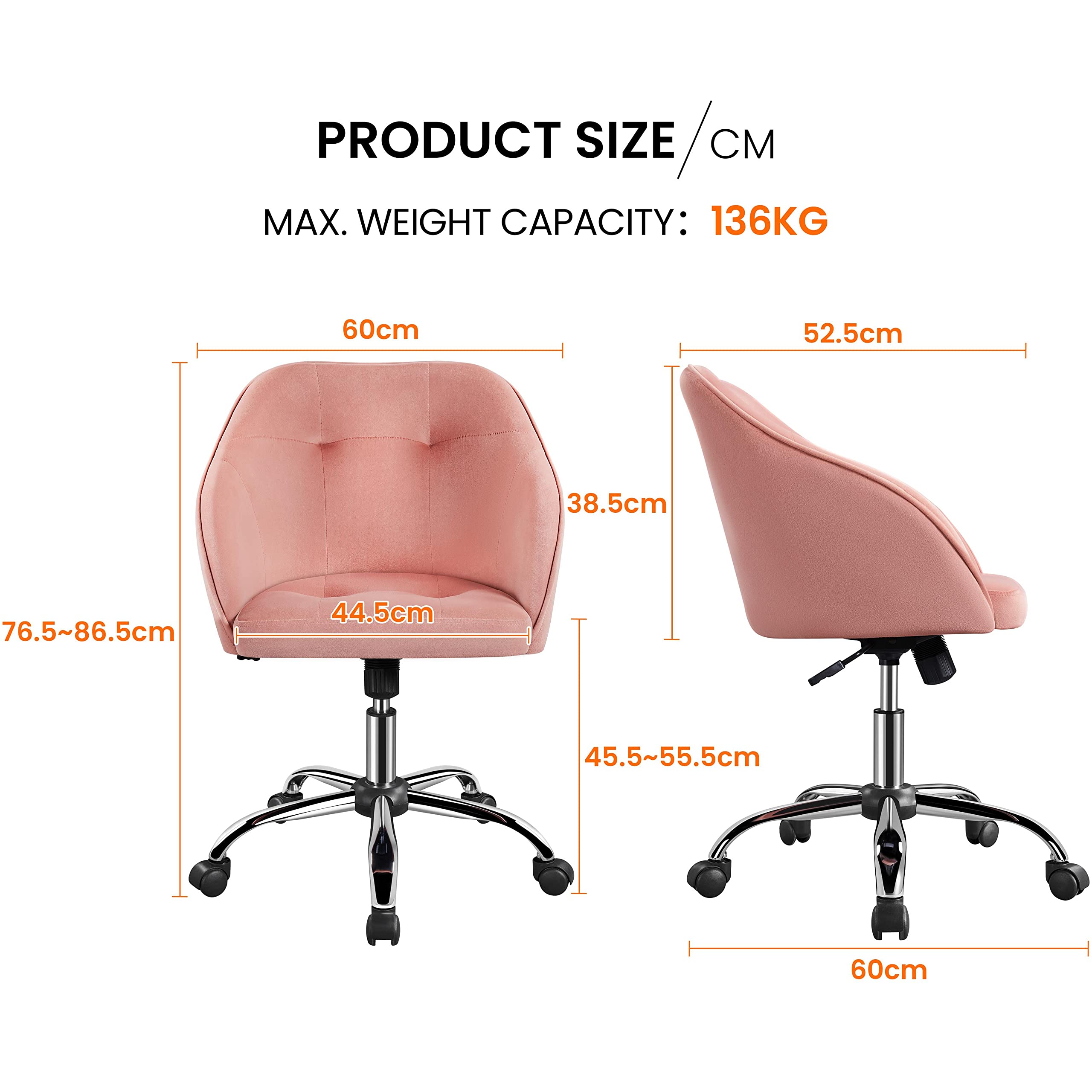 Abician Chaise de Bureau en Tissu Effet Velours Fauteuil de Bureau sur roulettes à 360° Réglable en Hauteur Cadre en Métal Charge Maximale de 136 kg Domicile Bibliothèque Rose