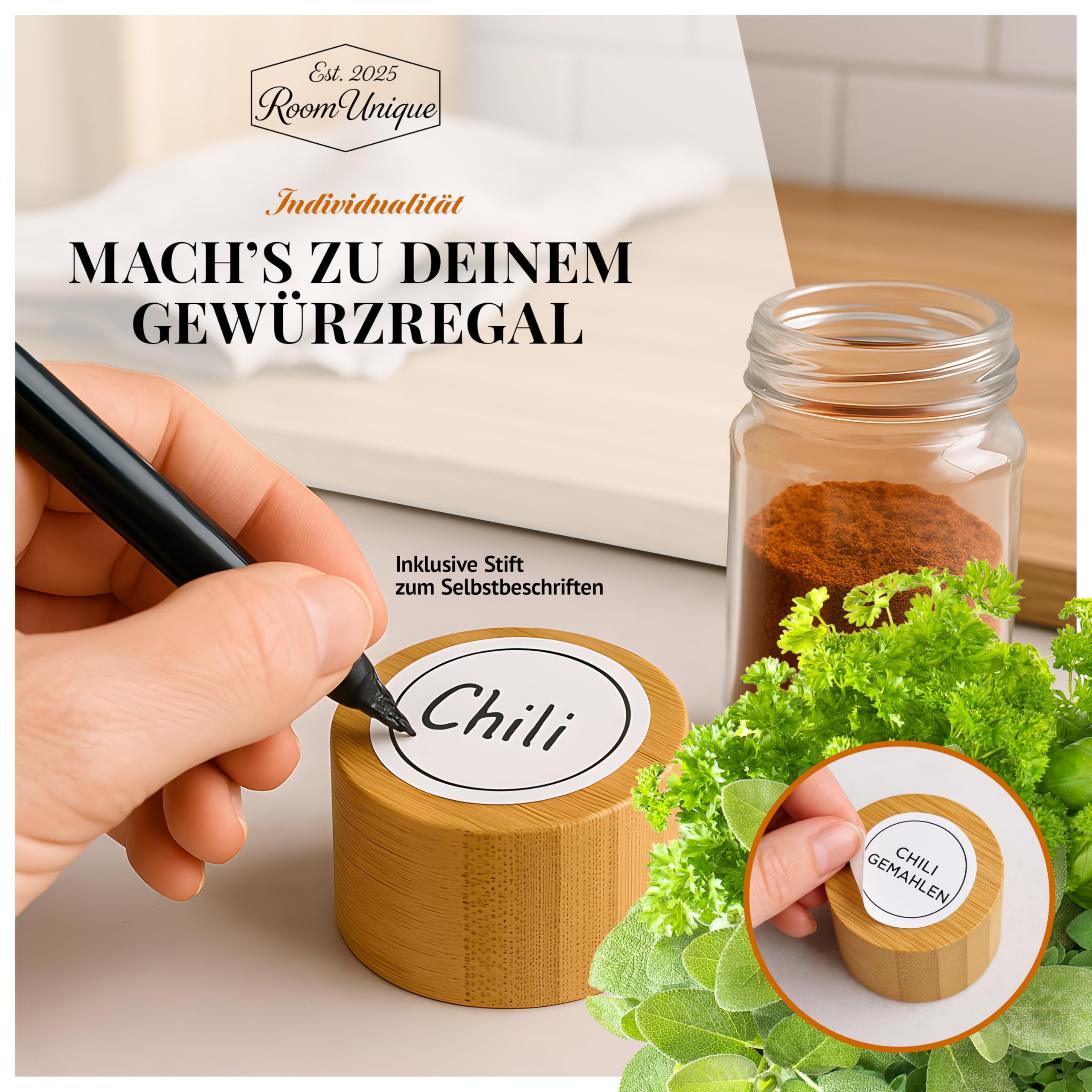 Gewürzregal mit Gewürzgläsern | 21 Gläser a 120 ml mit Bambusdeckel | Etiketten | Streueinsätze | Trichter+Bürste | Metallregal 36,6×25×11 cm | Modular + beschriftbar | inkl. Marker